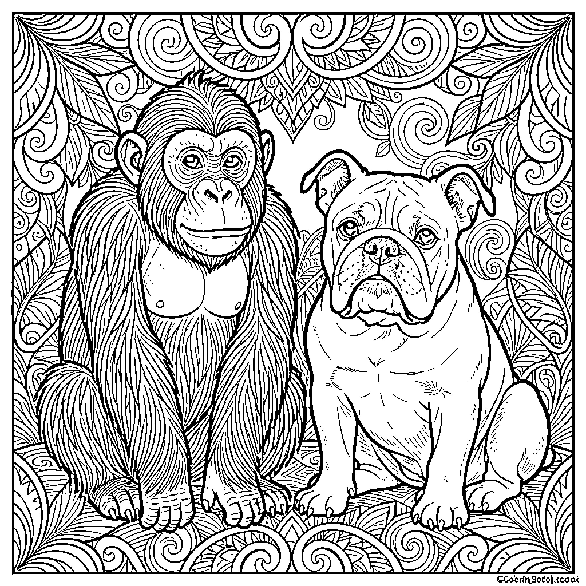 Chimpanzee sitting calmly next to a friendly bulldog Coloring Page (free black-and-white line drawing printable PDF for all, from beginners to advanced learners, including children, teens, adults, and seniors)