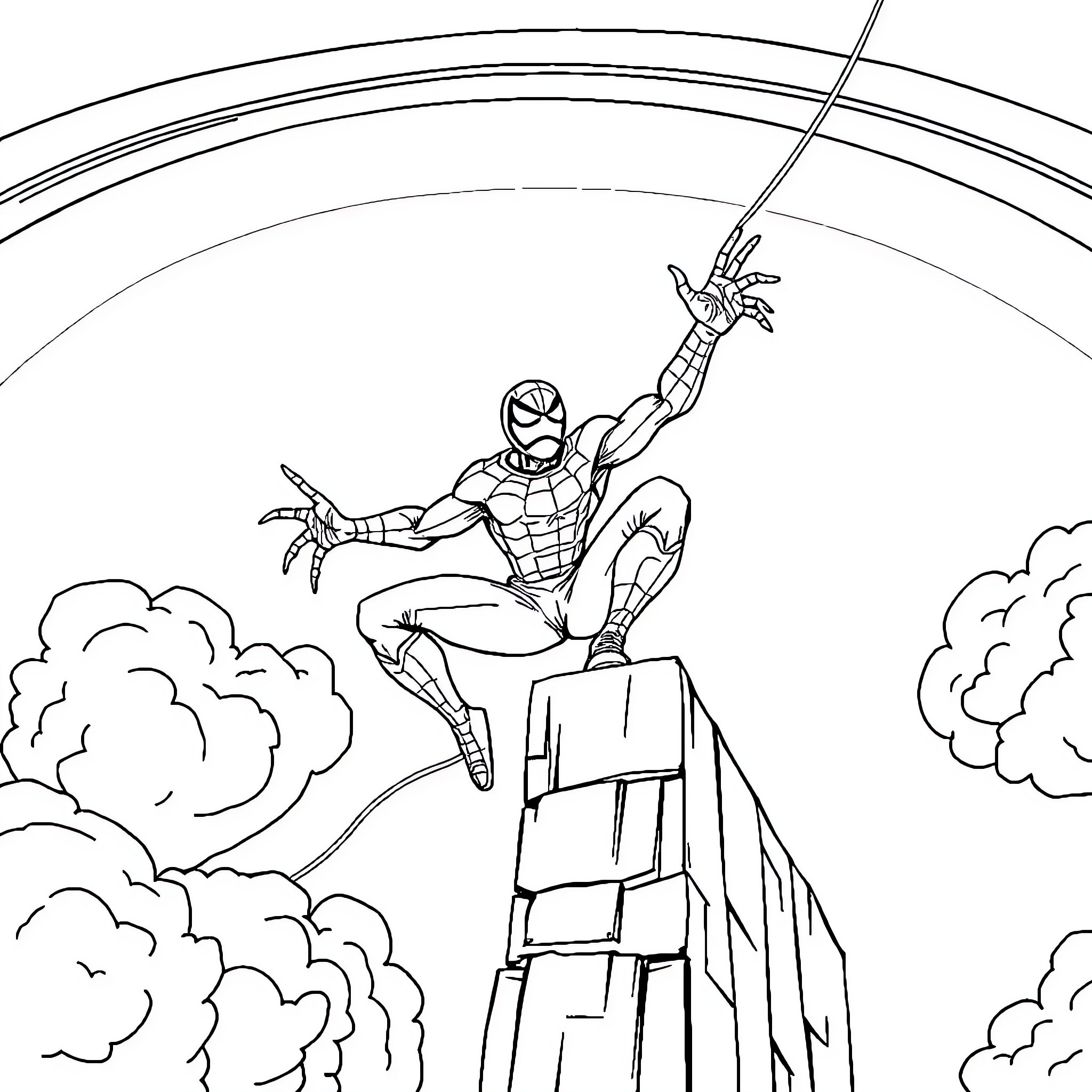 Spider-Man heroically leaping through the sky Coloring Page (free black-and-white line drawing printable PDF for all, from beginners to advanced learners, including children, teens, adults, and seniors)