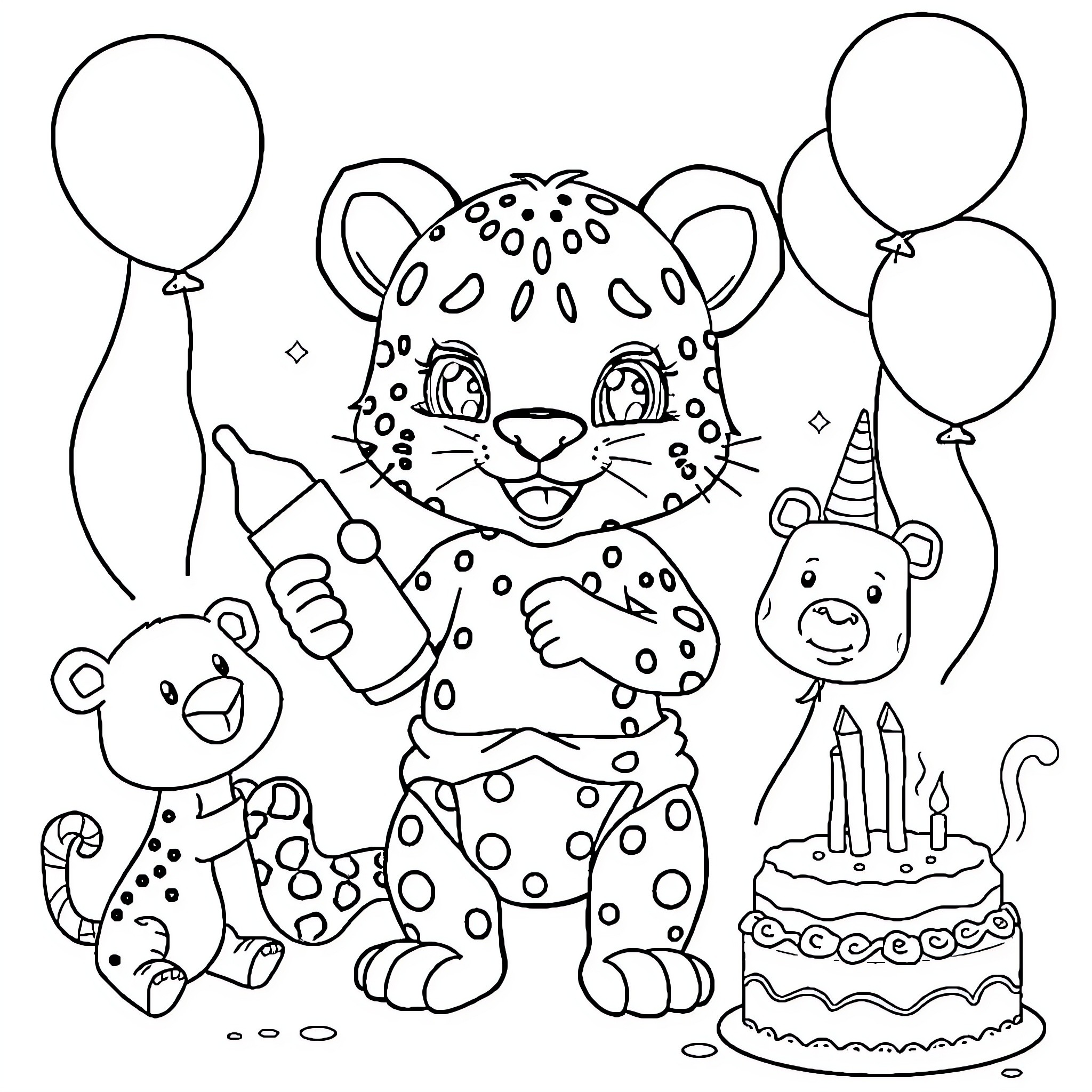 Leopard's birthday party with balloons and cake Coloring Page (free black-and-white line drawing printable PDF for all, from beginners to advanced learners, including children, teens, adults, and seniors)
