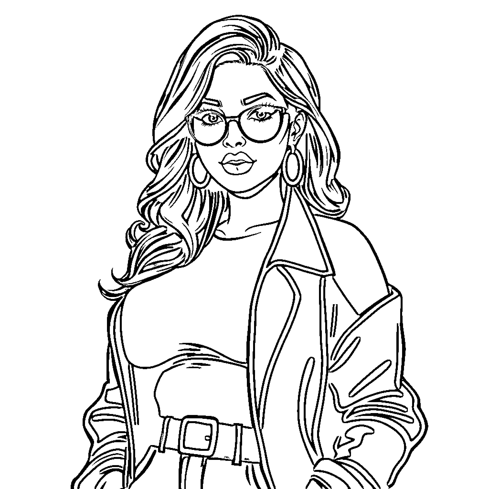 Latina woman in stylish attire and glasses Coloring Page (free black-and-white line drawing printable PDF for all, from beginners to advanced learners, including children, teens, adults, and seniors)