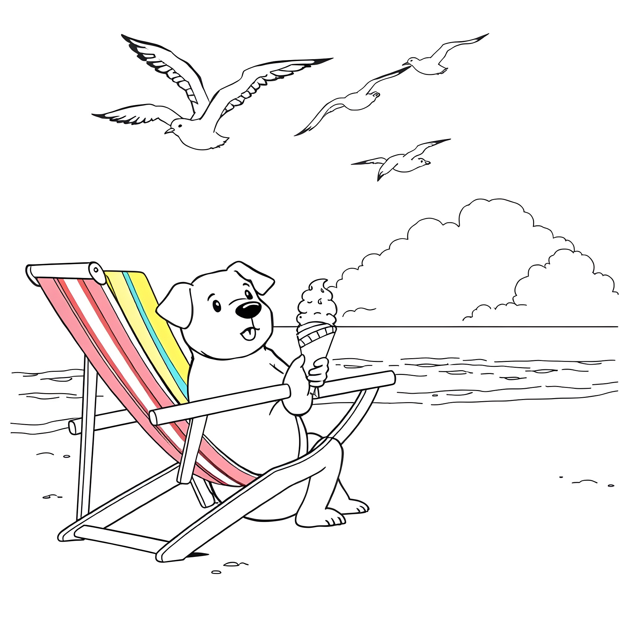 Dog enjoying an ice cream on the beach Coloring Page (free black-and-white line drawing printable PDF for all, from beginners to advanced learners, including children, teens, adults, and seniors)