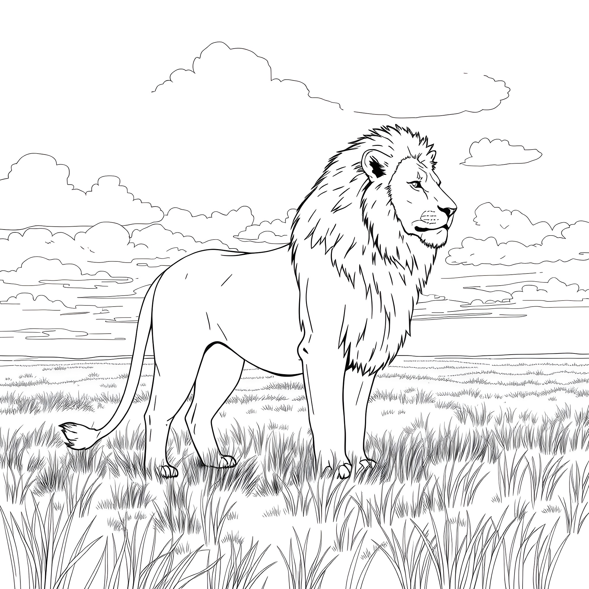 Lion standing regally in a grassy landscape Coloring Page (free black-and-white line drawing printable PDF for all, from beginners to advanced learners, including children, teens, adults, and seniors)