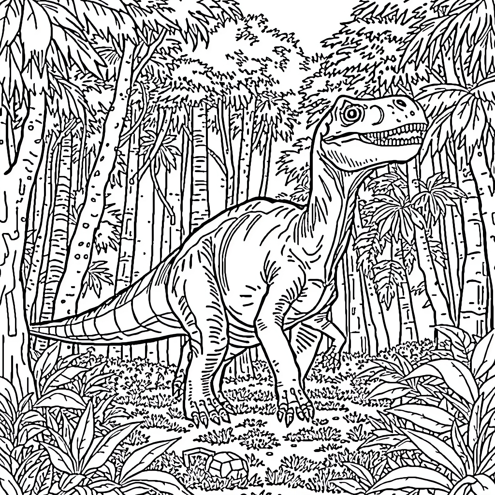 Dinosaur exploring the lush, prehistoric jungle Coloring Page (free black-and-white line drawing printable PDF for all, from beginners to advanced learners, including children, teens, adults, and seniors)