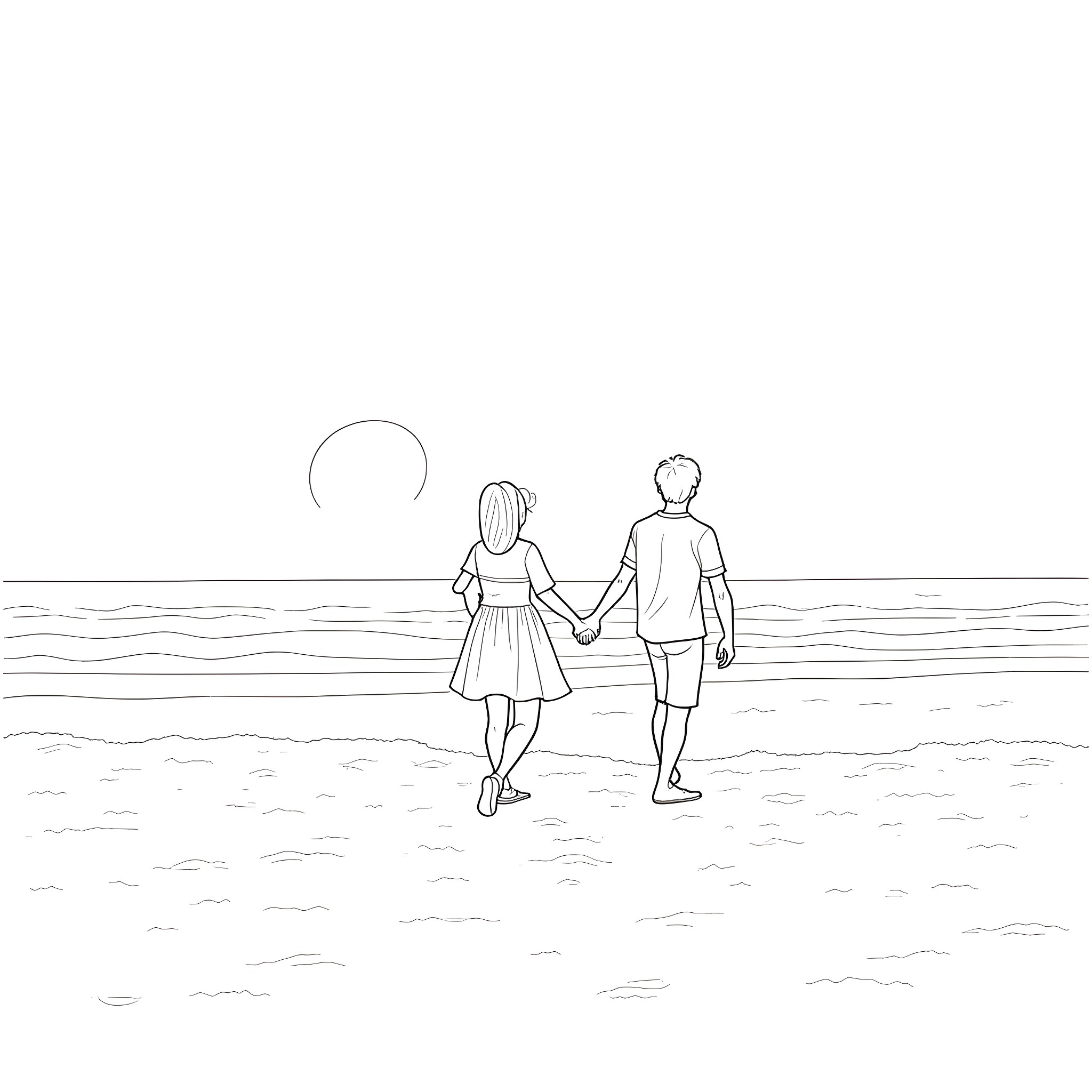 Couple strolling together on the beach Coloring Page (free black-and-white line drawing printable PDF for all, from beginners to advanced learners, including children, teens, adults, and seniors)
