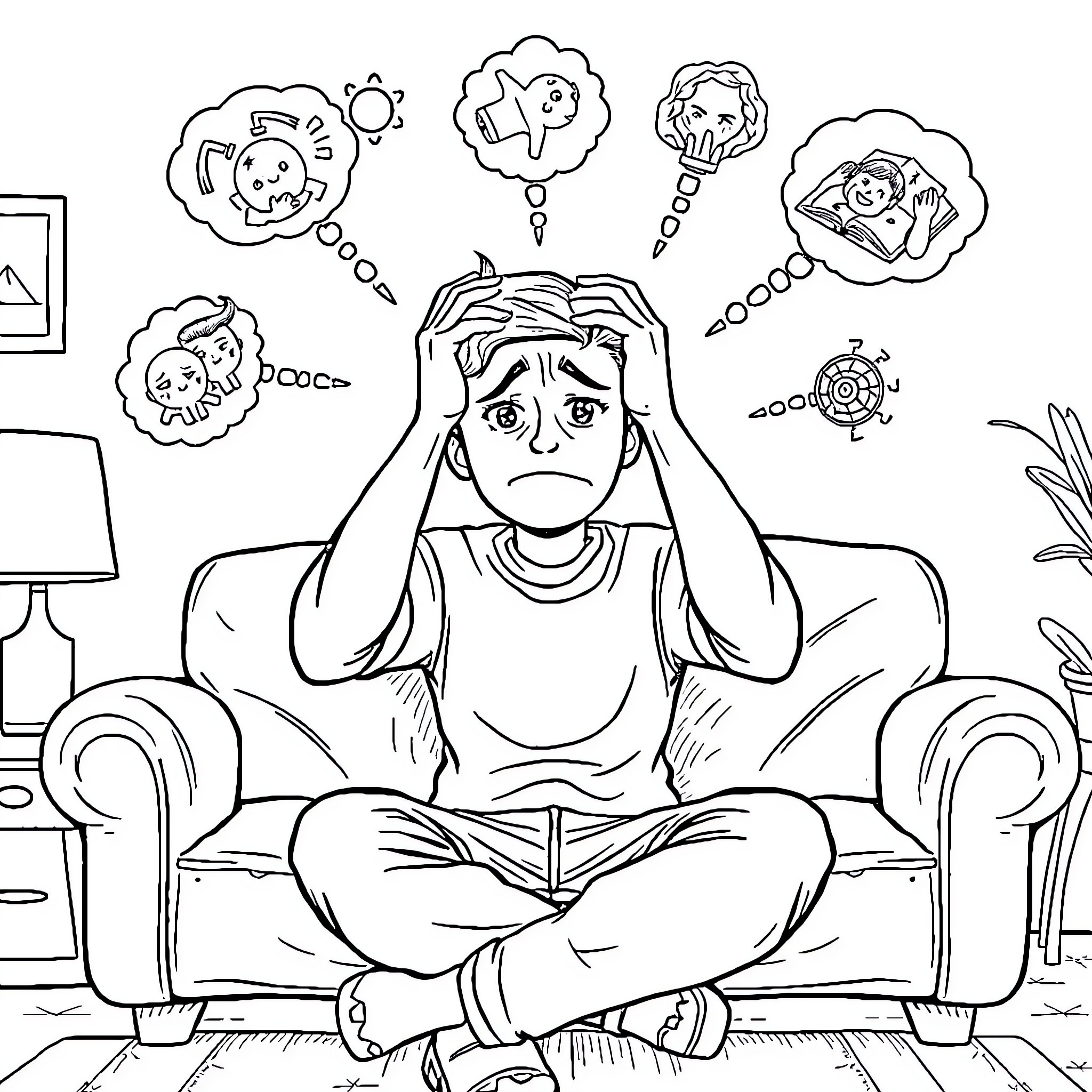 Person feeling stressed with various thoughts Coloring Page (free black-and-white line drawing printable PDF for all, from beginners to advanced learners, including children, teens, adults, and seniors)