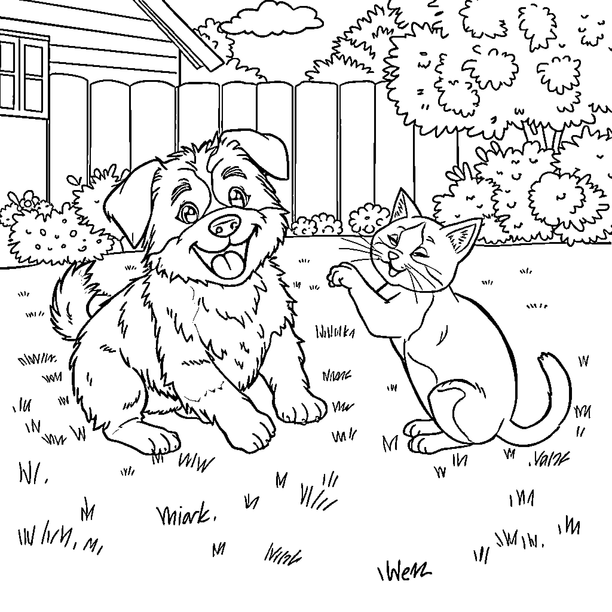 Dog and Cat Playing in the Yard Coloring Page (free black-and-white line drawing printable PDF for all, from beginners to advanced learners, including children, teens, adults, and seniors)