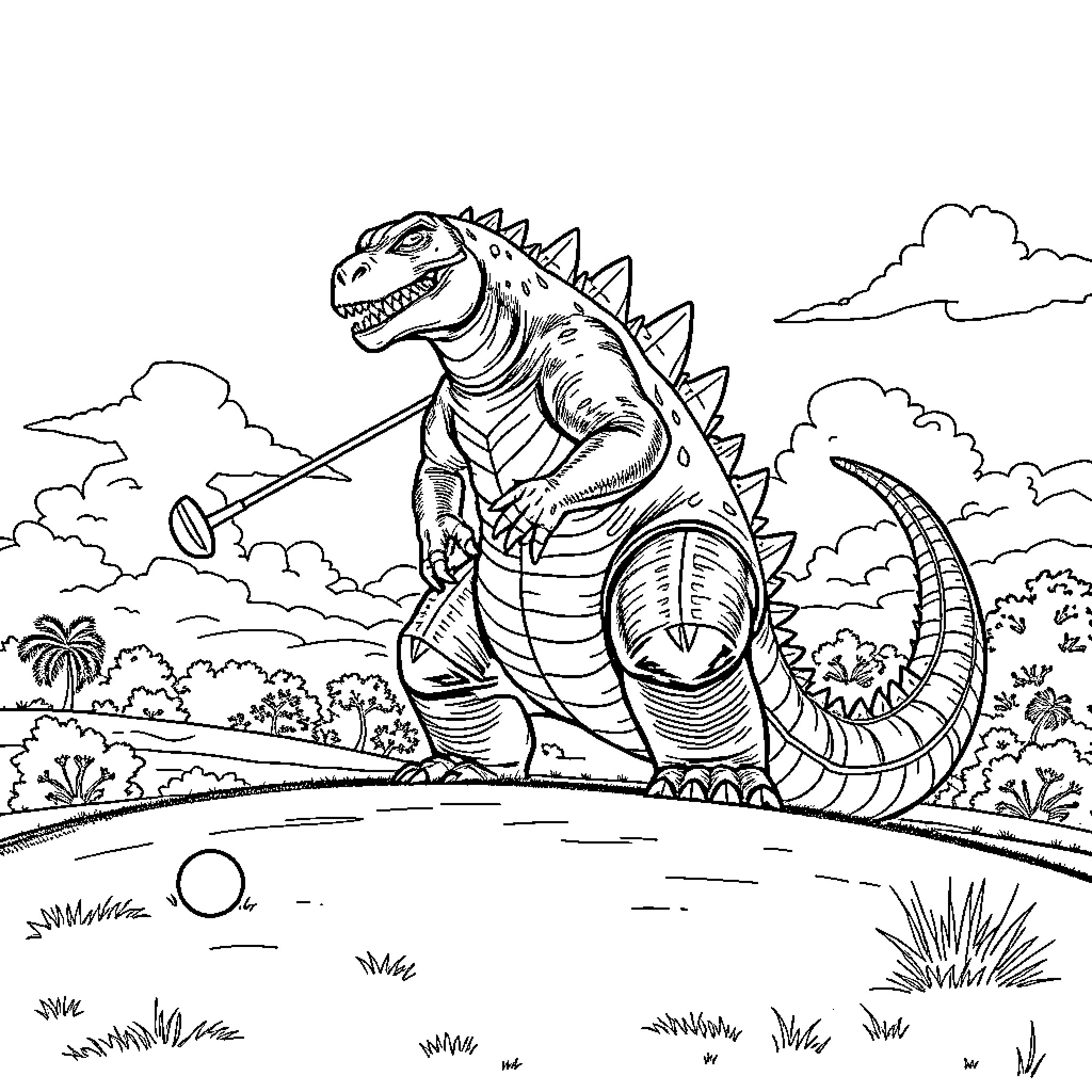 Godzilla stomping through a tropical landscape Coloring Page (free black-and-white line drawing printable PDF for all, from beginners to advanced learners, including children, teens, adults, and seniors)
