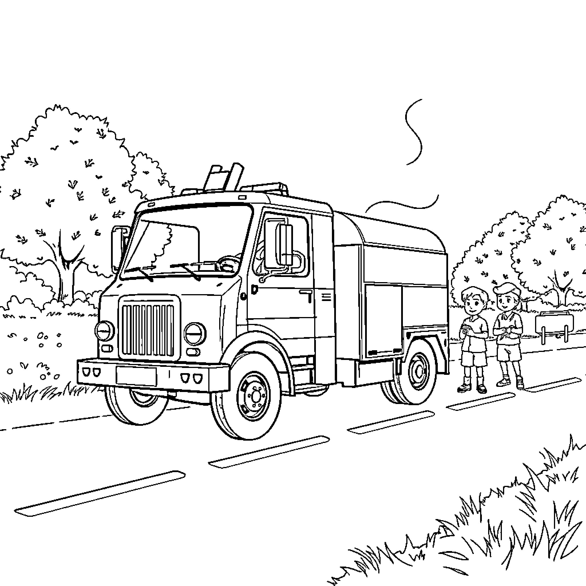 Pompiers driving a truck past curious children Coloring Page (free black-and-white line drawing printable PDF for all, from beginners to advanced learners, including children, teens, adults, and seniors)