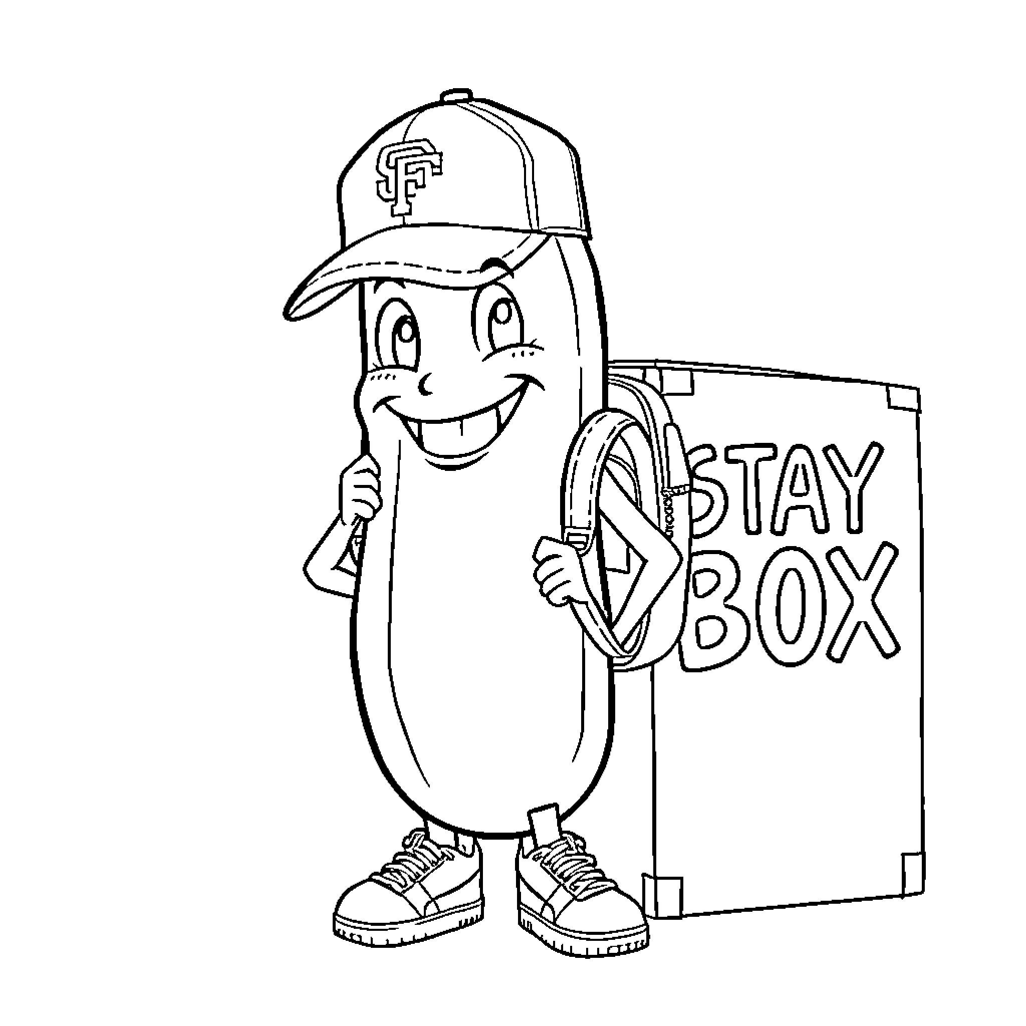 Pickle character promoting stay box Coloring Page (free black-and-white line drawing printable PDF for all, from beginners to advanced learners, including children, teens, adults, and seniors)
