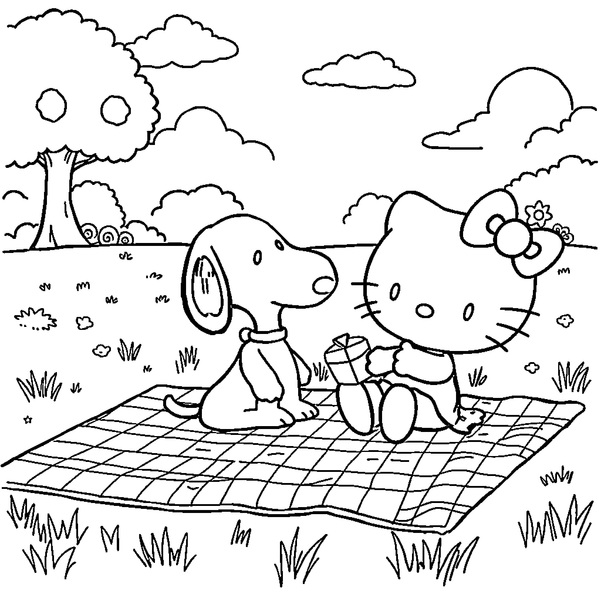 Hello Kitty and Snoopy enjoying a picnic in the park Coloring Page (free black-and-white line drawing printable PDF for all, from beginners to advanced learners, including children, teens, adults, and seniors)