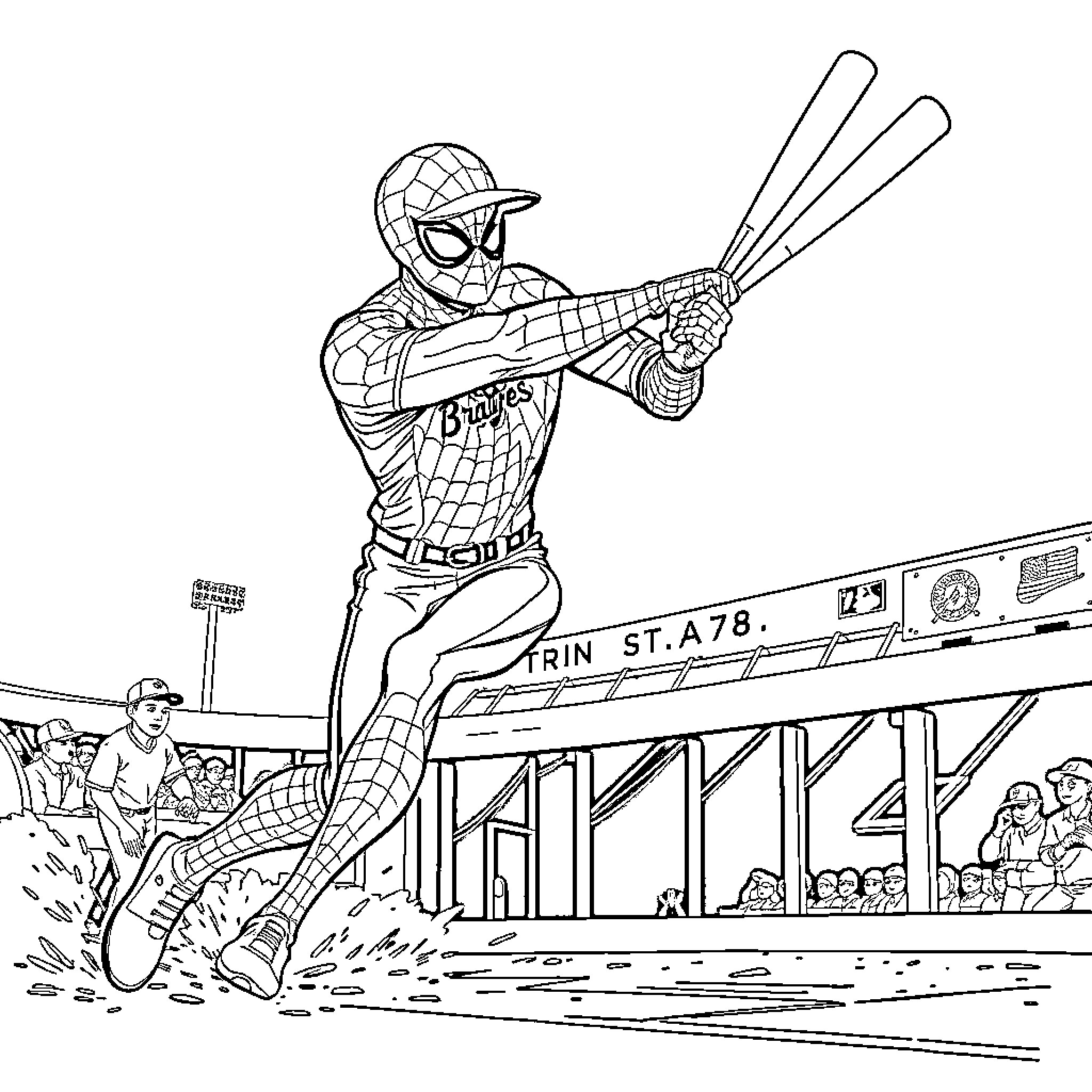 Spiderman batting at the baseball game Coloring Page (free black-and-white line drawing printable PDF for all, from beginners to advanced learners, including children, teens, adults, and seniors)
