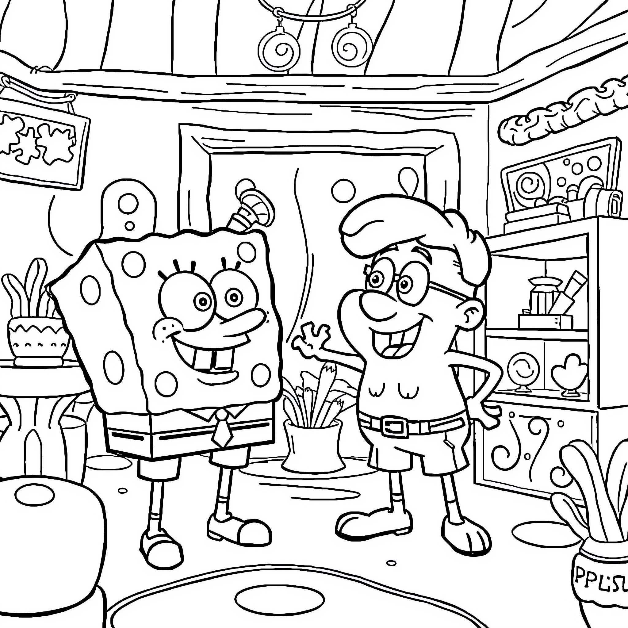 Spongebob and Patrick in a fun and whimsical setting Coloring Page (free black-and-white line drawing printable PDF for all, from beginners to advanced learners, including children, teens, adults, and seniors)