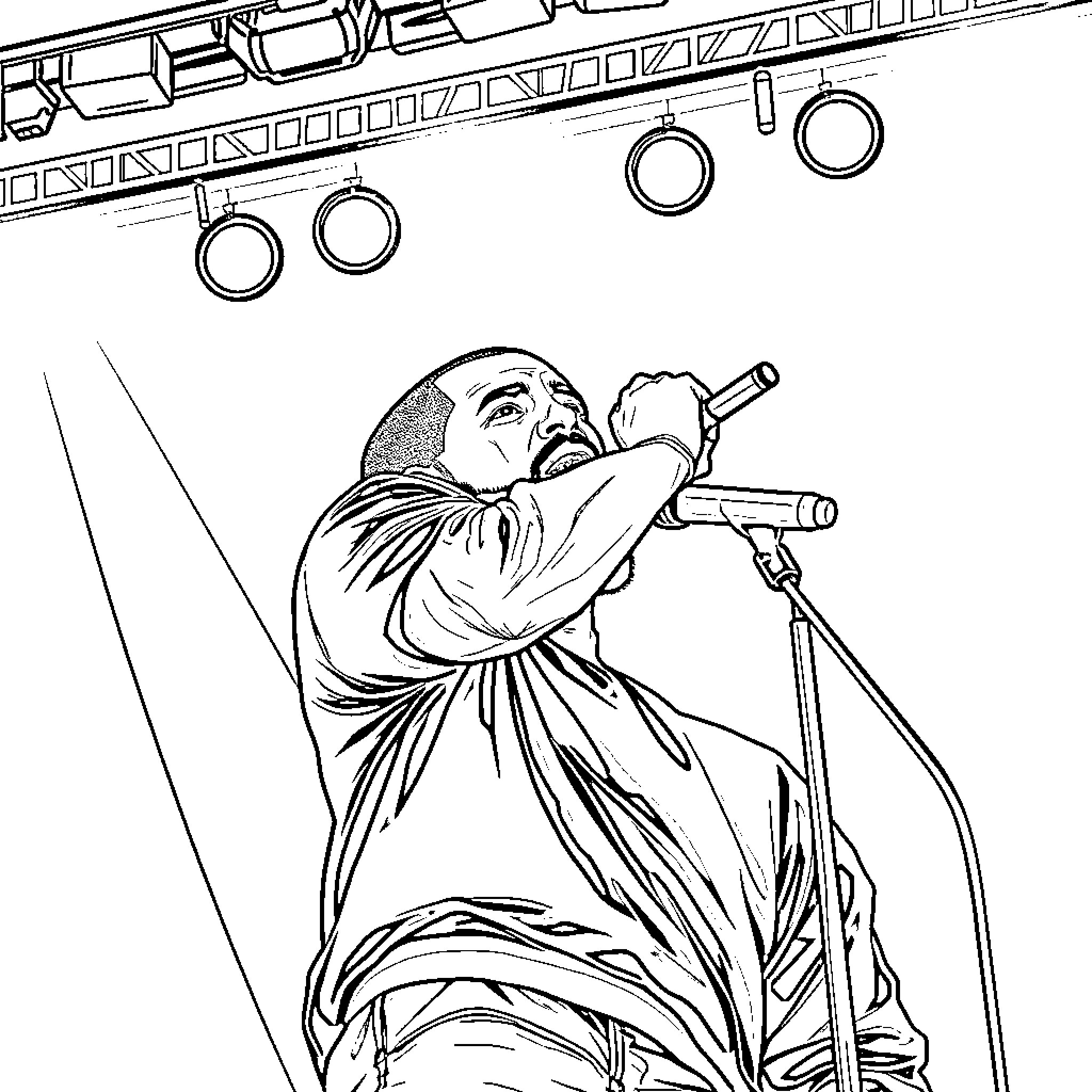 Drake performing on stage with microphone Coloring Page (free black-and-white line drawing printable PDF for all, from beginners to advanced learners, including children, teens, adults, and seniors)