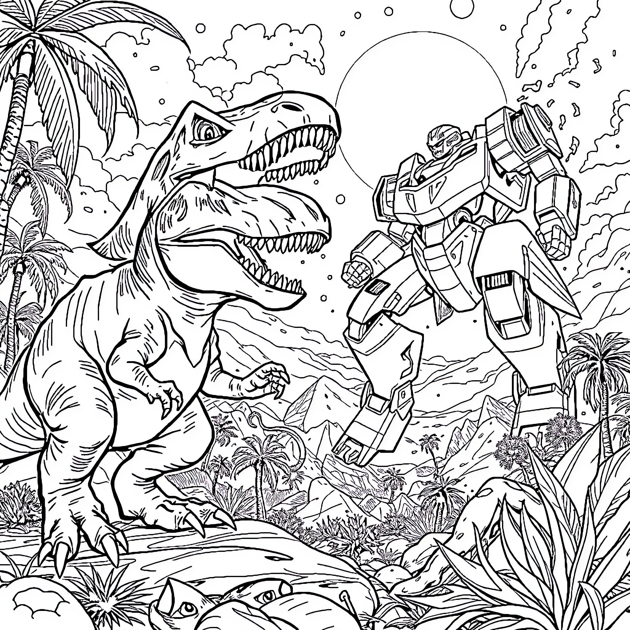 Dinosaur Encounter with Giant Mech Robot in Tropical Jungle Coloring Page (free black-and-white line drawing printable PDF for all, from beginners to advanced learners, including children, teens, adults, and seniors)