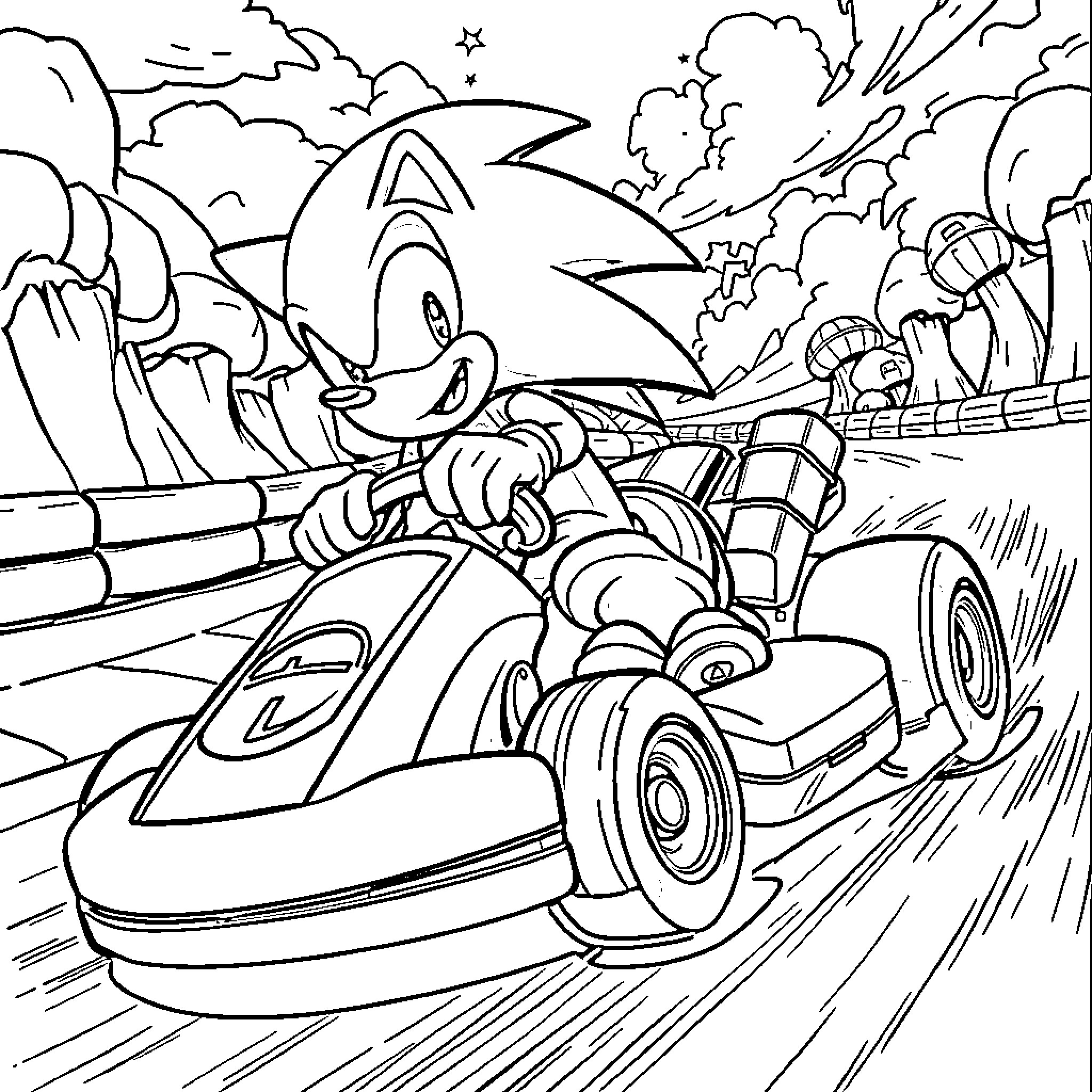 Sonic speeding through the countryside in his car Coloring Page (free black-and-white line drawing printable PDF for all, from beginners to advanced learners, including children, teens, adults, and seniors)