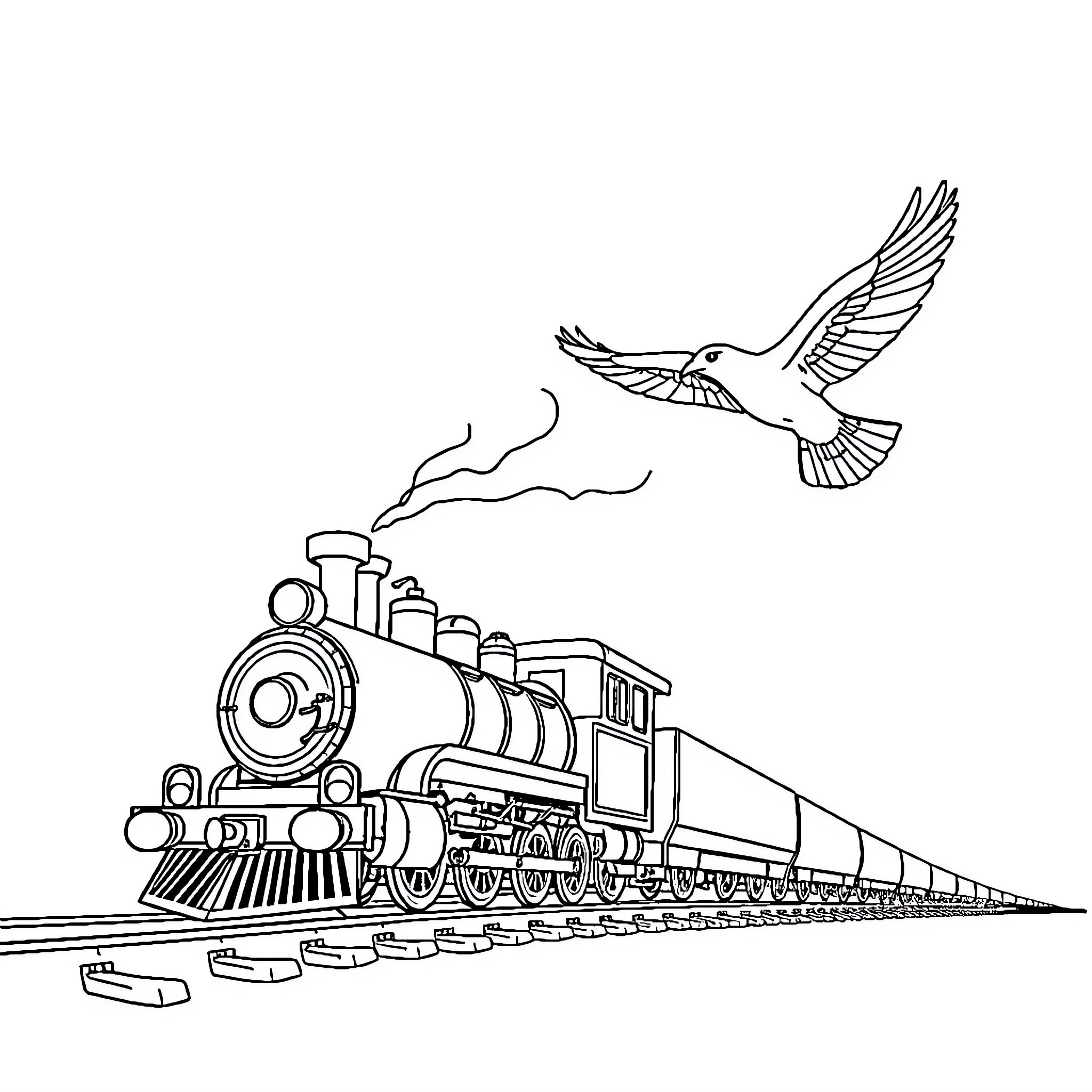 Train carrying goods with bird soaring above Coloring Page (free black-and-white line drawing printable PDF for all, from beginners to advanced learners, including children, teens, adults, and seniors)