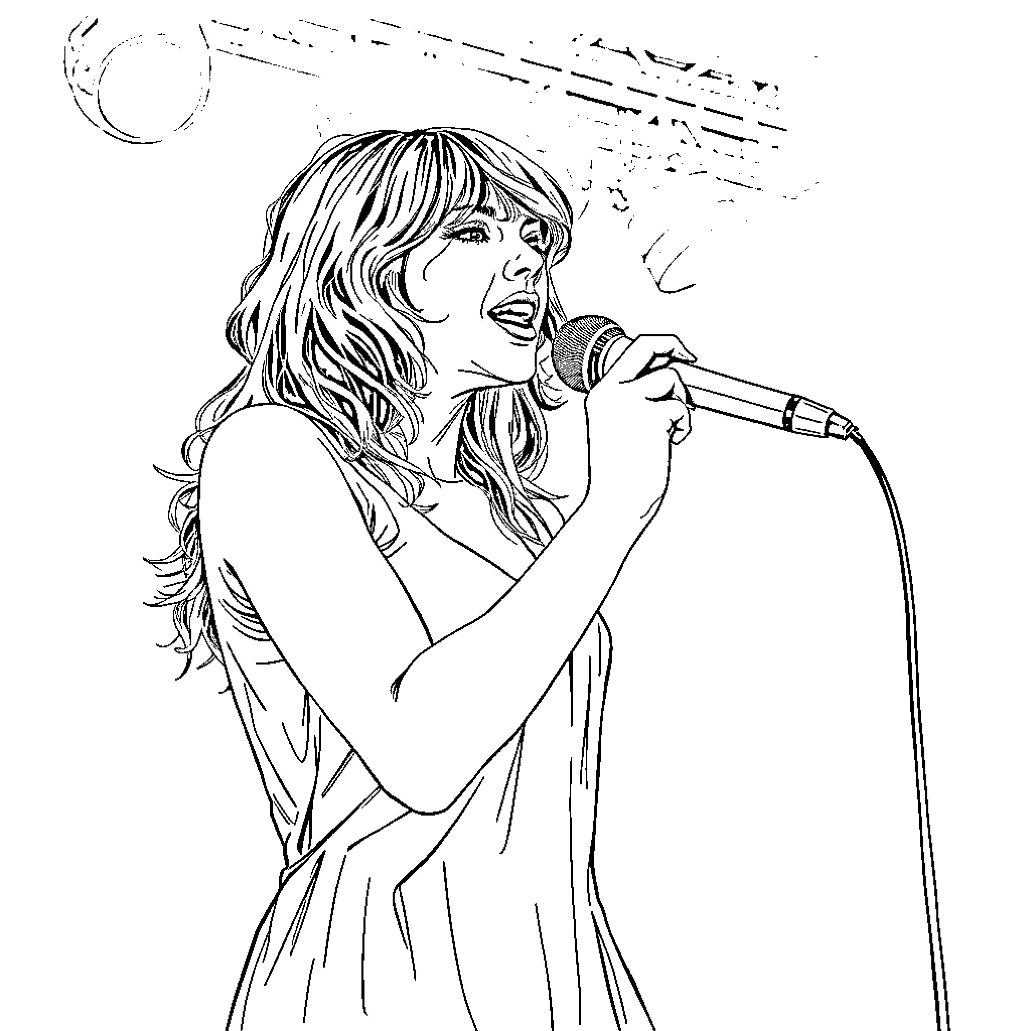 Taylor Swift performing on stage with microphone Coloring Page (free black-and-white line drawing printable PDF for all, from beginners to advanced learners, including children, teens, adults, and seniors)