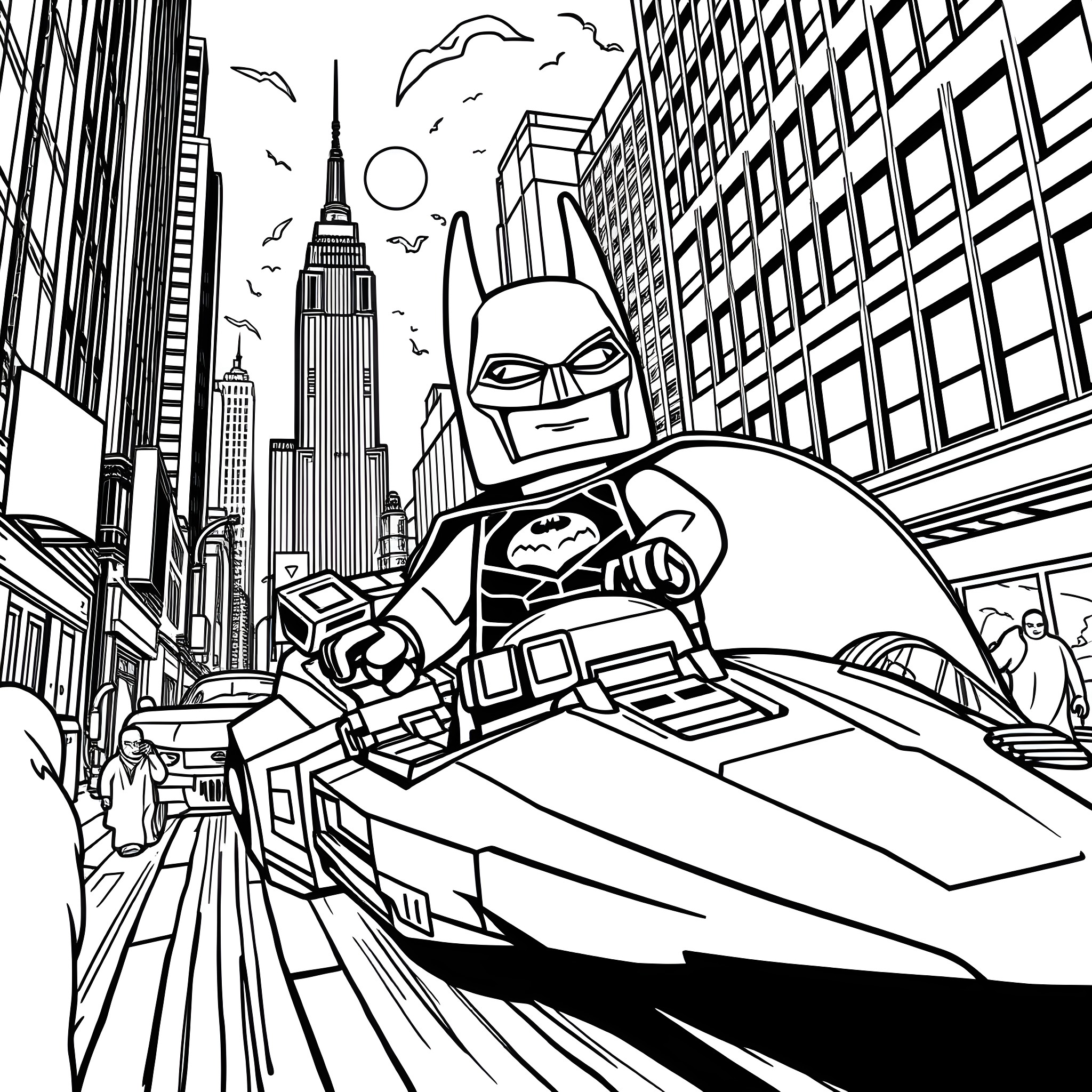 Lego Batman speeding through the city streets Coloring Page (free black-and-white line drawing printable PDF for all, from beginners to advanced learners, including children, teens, adults, and seniors)