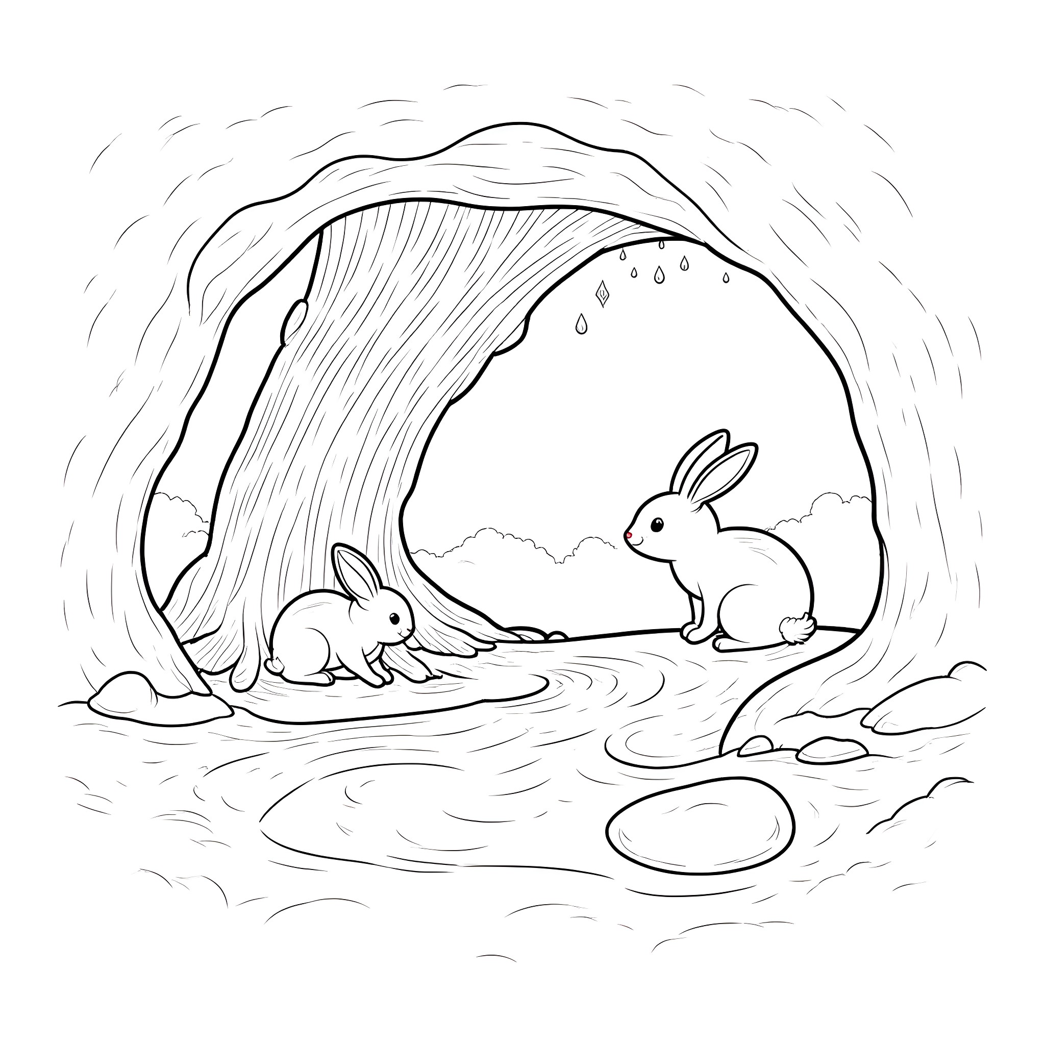 Bunnies resting in a cozy cave Coloring Page (free black-and-white line drawing printable PDF for all, from beginners to advanced learners, including children, teens, adults, and seniors)