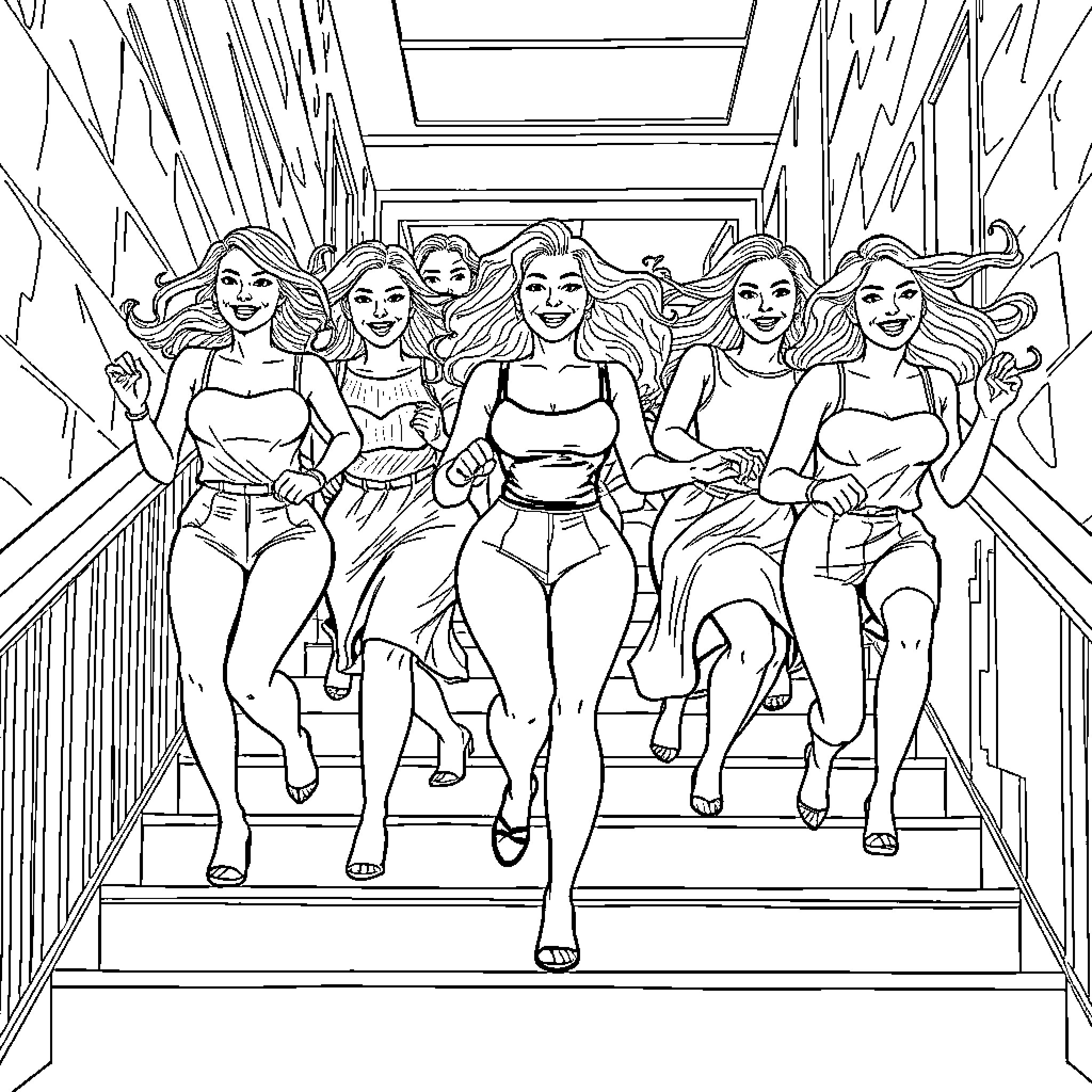 Women in stylish outfits walking down stairs Coloring Page (free black-and-white line drawing printable PDF for all, from beginners to advanced learners, including children, teens, adults, and seniors)