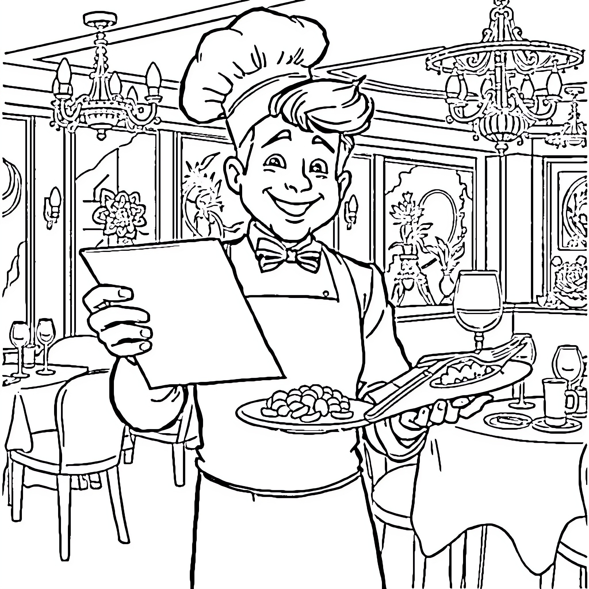 Cuisinier serving delightful meals in a charming restaurant Coloring Page (free black-and-white line drawing printable PDF for all, from beginners to advanced learners, including children, teens, adults, and seniors)
