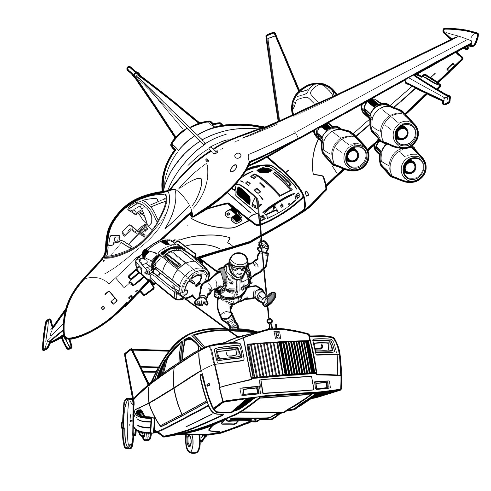 Jet fighter aircraft in action Coloring Page (free black-and-white line drawing printable PDF for all, from beginners to advanced learners, including children, teens, adults, and seniors)
