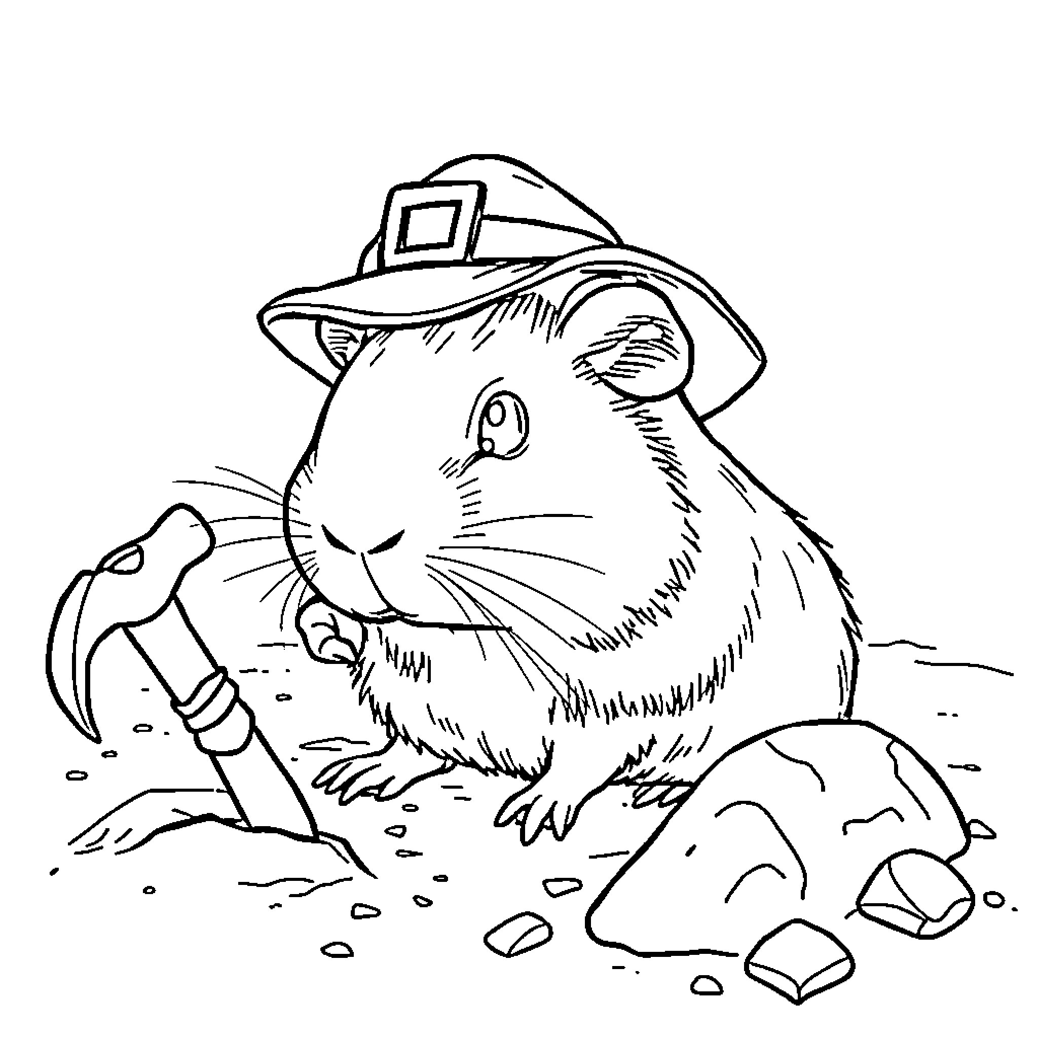 Guinea Pig Exploring the Outdoors in a Pilgrim Hat Coloring Page (free black-and-white line drawing printable PDF for all, from beginners to advanced learners, including children, teens, adults, and seniors)