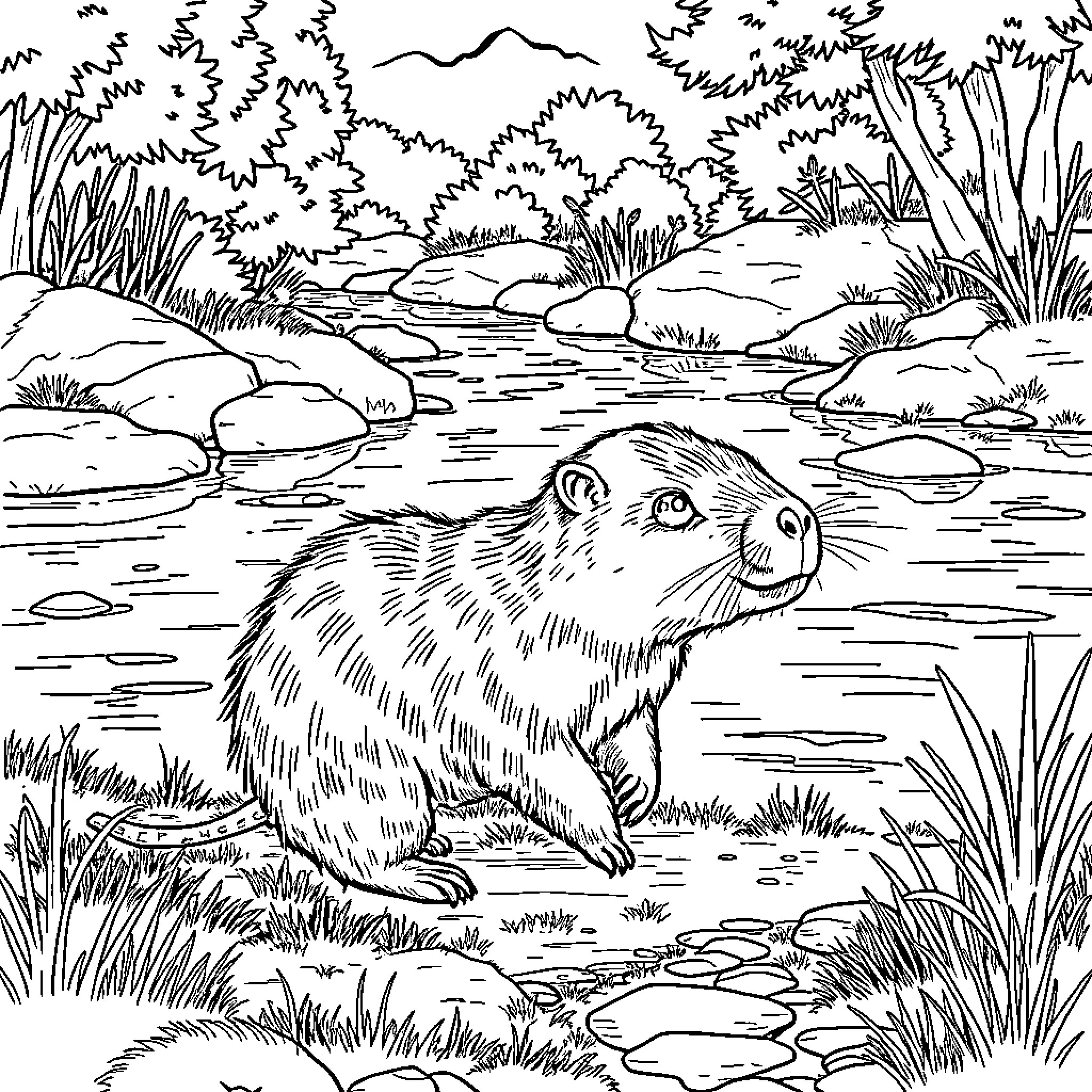 Capybara relaxing by the serene river Coloring Page (free black-and-white line drawing printable PDF for all, from beginners to advanced learners, including children, teens, adults, and seniors)