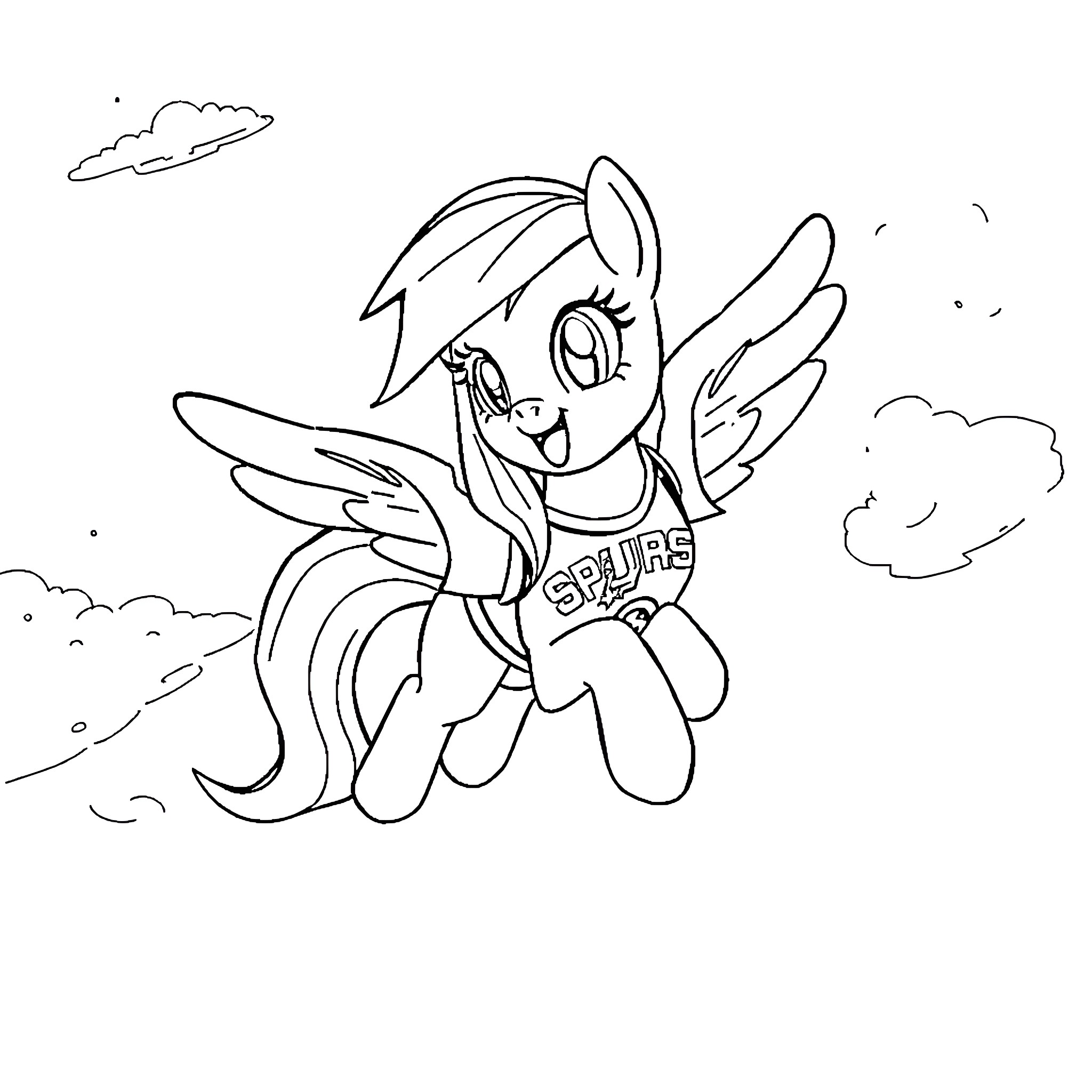 Rainbow Dash soaring through the skies Coloring Page (free black-and-white line drawing printable PDF for all, from beginners to advanced learners, including children, teens, adults, and seniors)