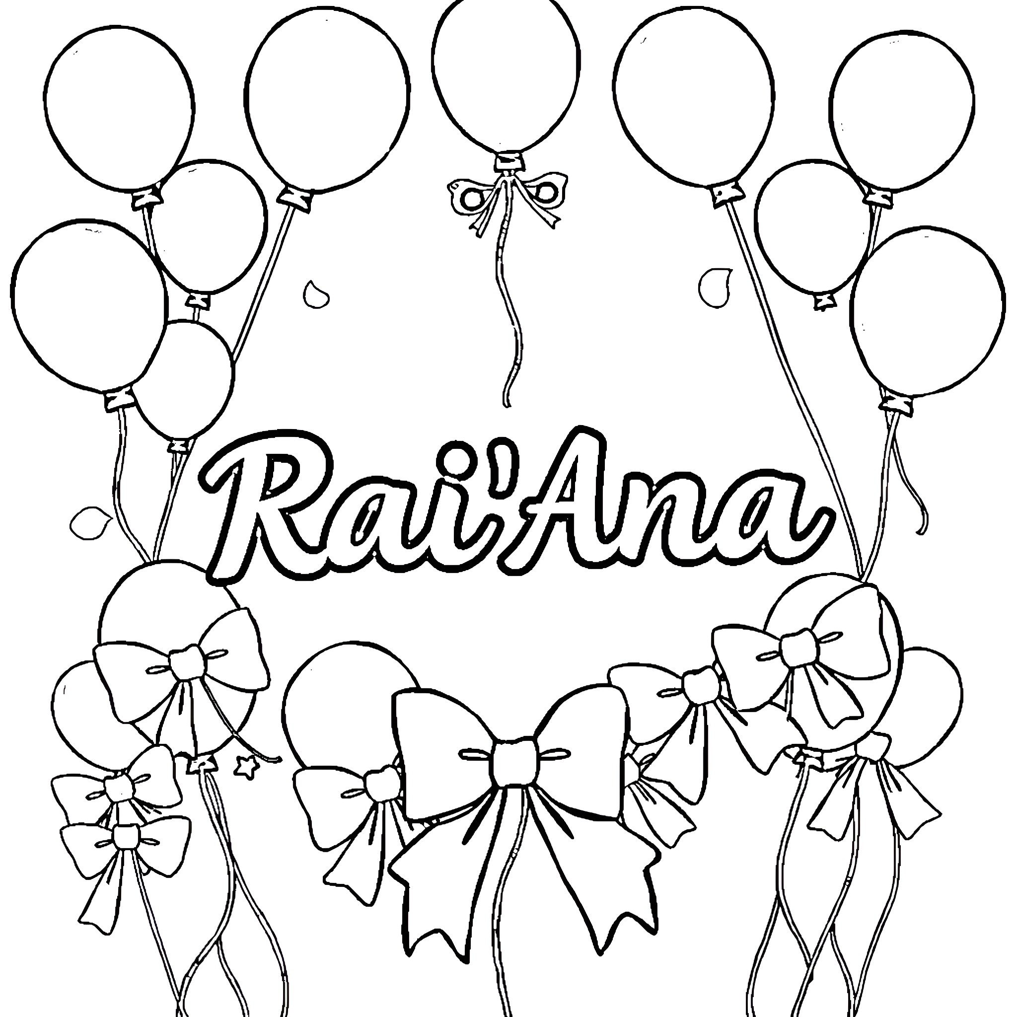 Rai'Ana's Birthday Celebration with Balloons and Bows Coloring Page (free black-and-white line drawing printable PDF for all, from beginners to advanced learners, including children, teens, adults, and seniors)