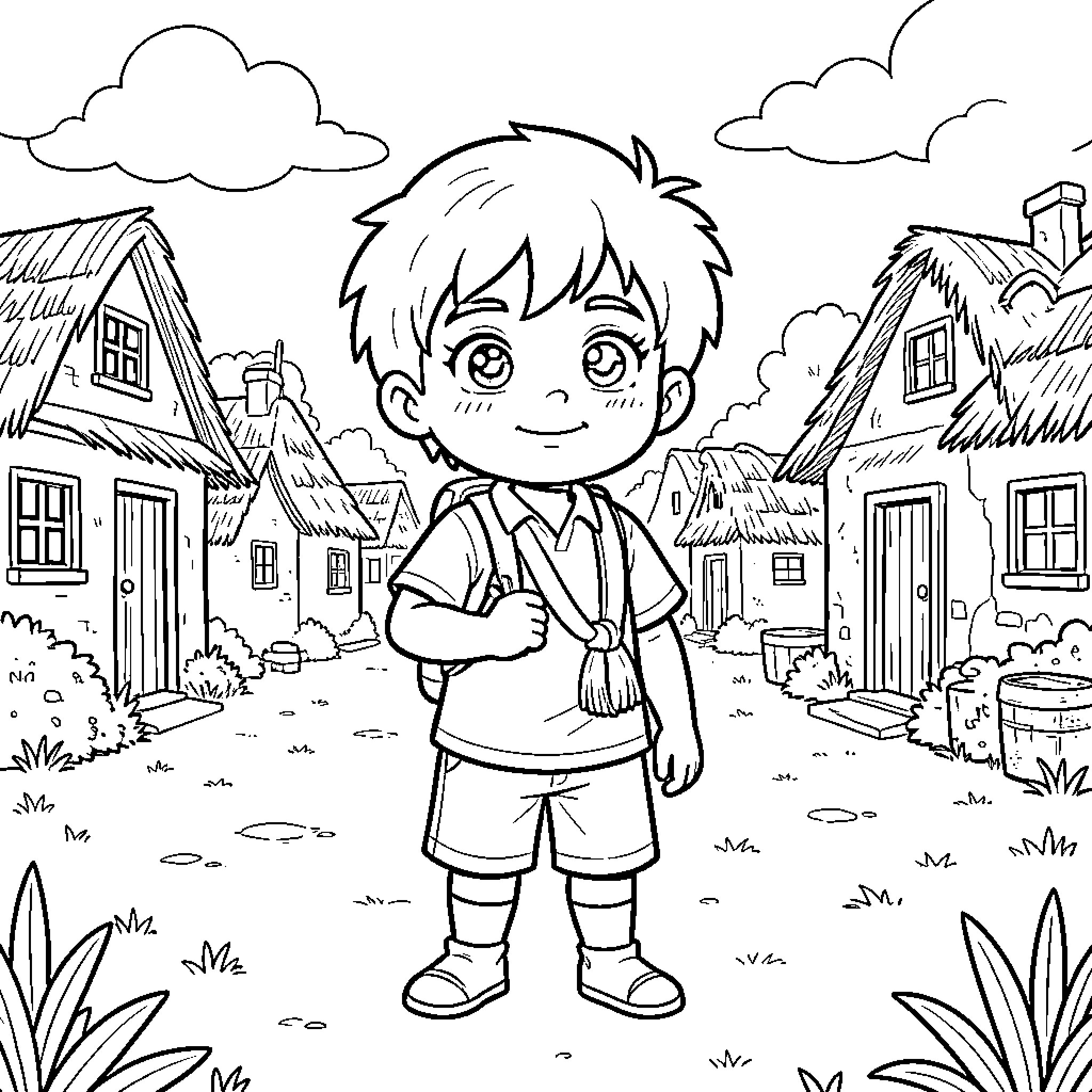 Sapi's Whimsical Village Adventure Coloring Page (free black-and-white line drawing printable PDF for all, from beginners to advanced learners, including children, teens, adults, and seniors)