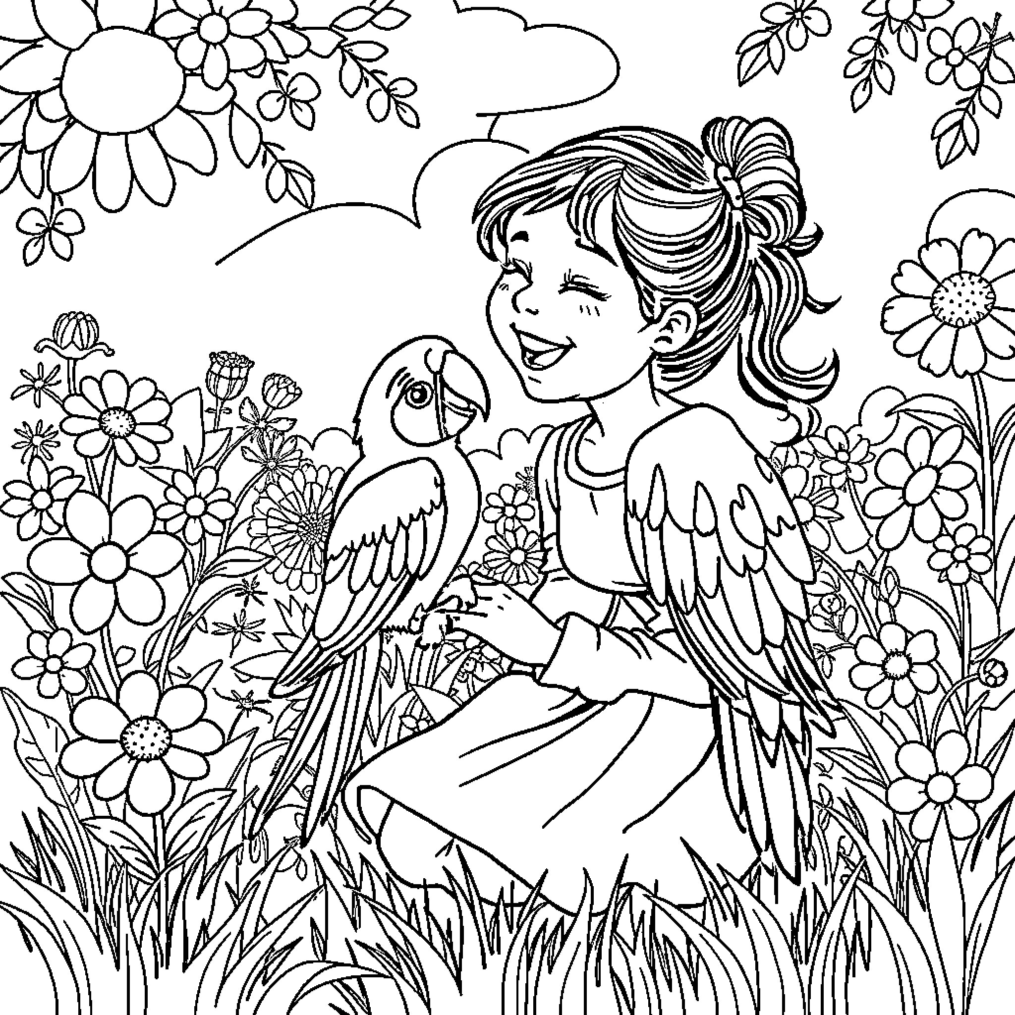 Girl interacts joyfully with colorful parrot in floral garden Coloring Page (free black-and-white line drawing printable PDF for all, from beginners to advanced learners, including children, teens, adults, and seniors)