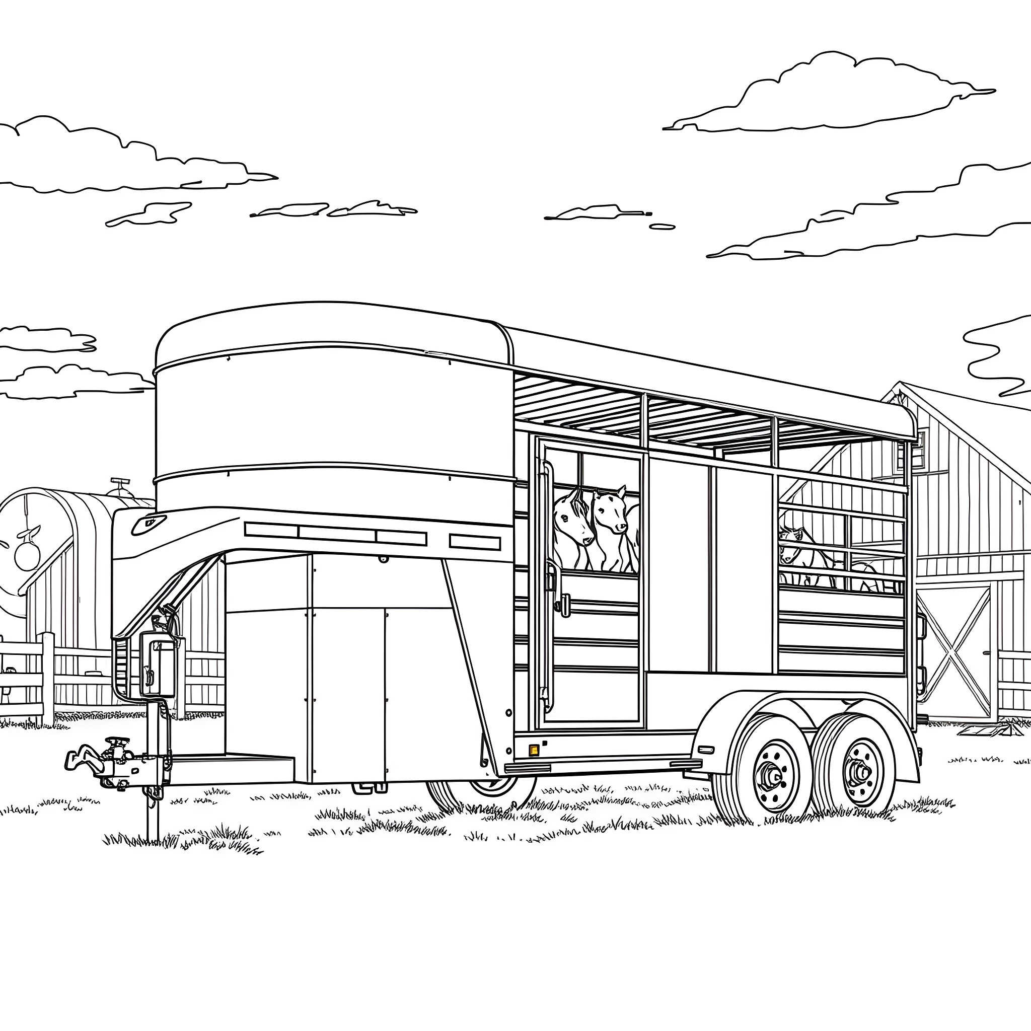 Gooseneck Trailer Carrying Equipment on the Farm Coloring Page (free black-and-white line drawing printable PDF for all, from beginners to advanced learners, including children, teens, adults, and seniors)