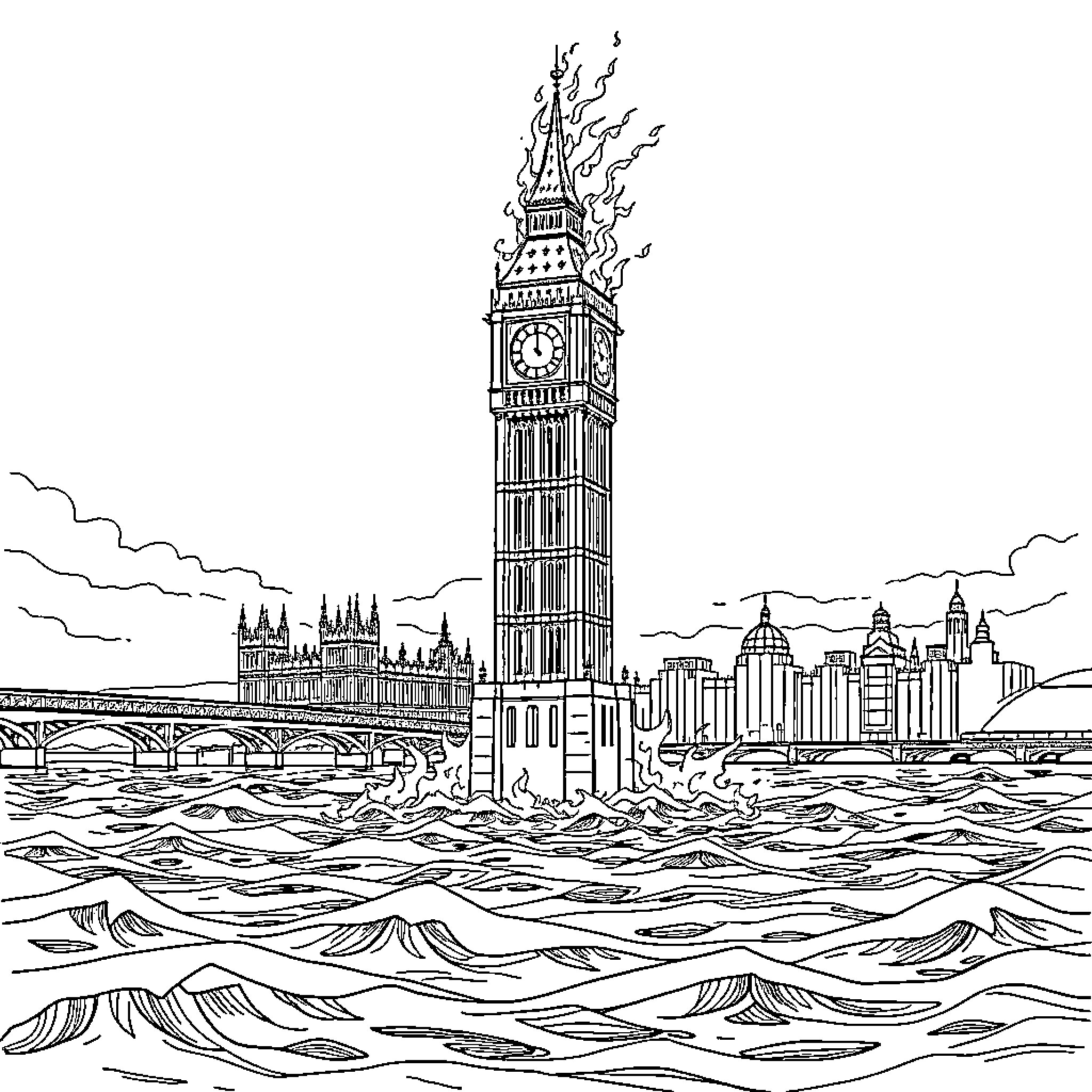 Big Ben tower amid stormy city skyline Coloring Page (free black-and-white line drawing printable PDF for all, from beginners to advanced learners, including children, teens, adults, and seniors)