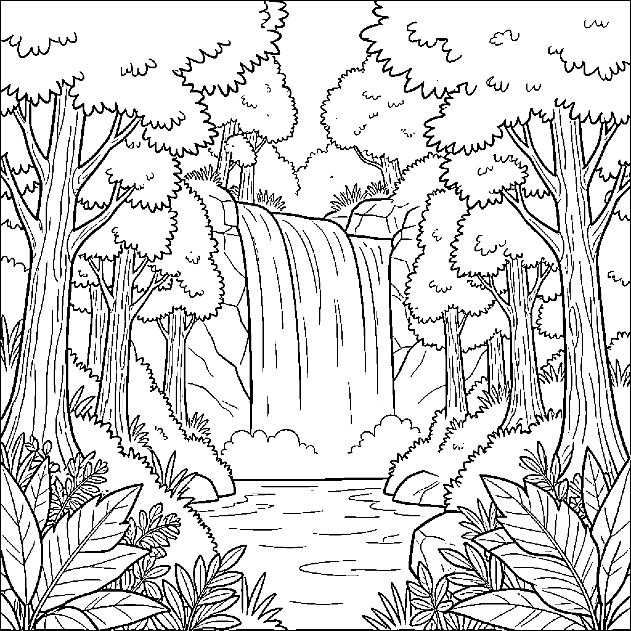 Waterfall in the lush, forested landscape Coloring Page (free black-and-white line drawing printable PDF for all, from beginners to advanced learners, including children, teens, adults, and seniors)