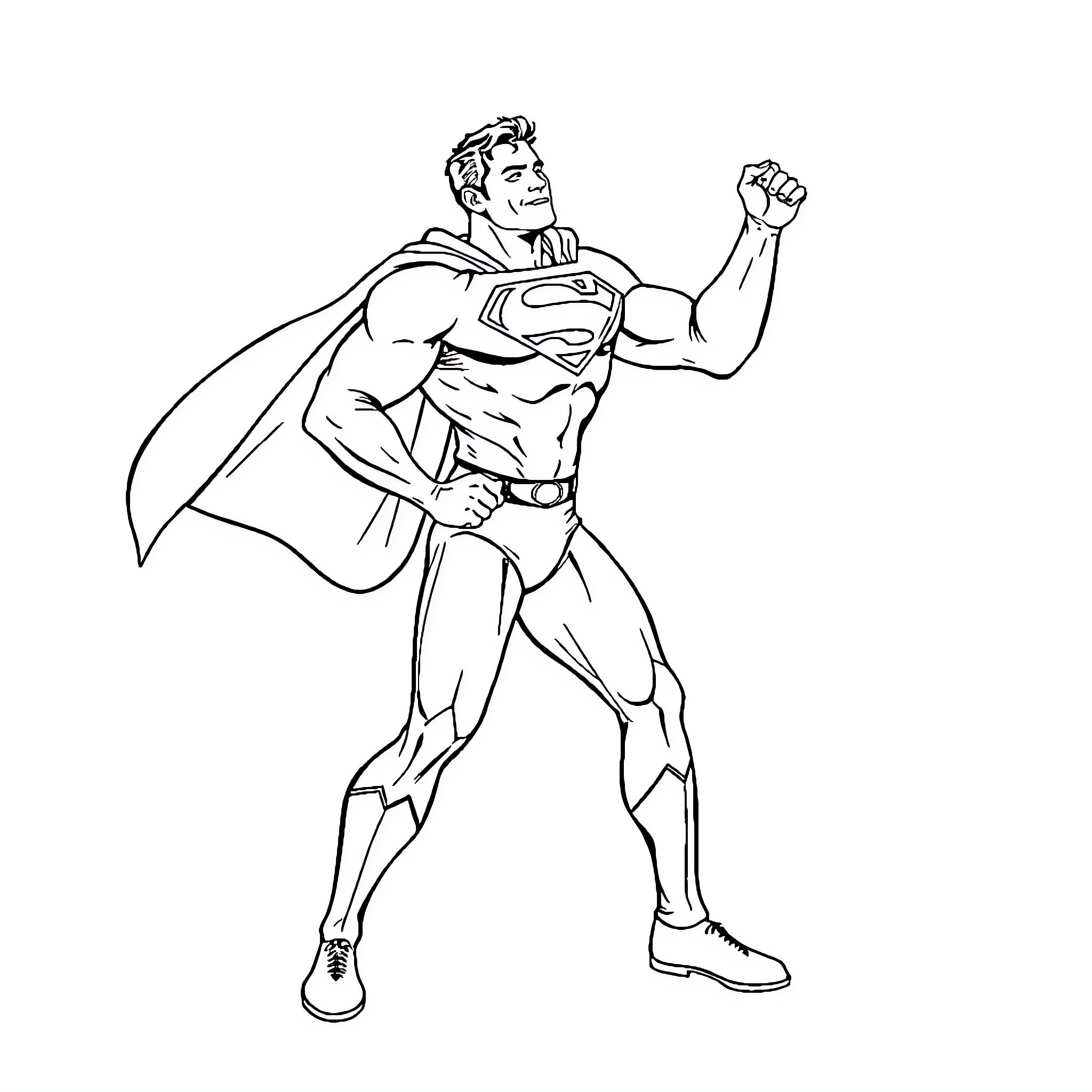 Superman in action hero pose Coloring Page (free black-and-white line drawing printable PDF for all, from beginners to advanced learners, including children, teens, adults, and seniors)
