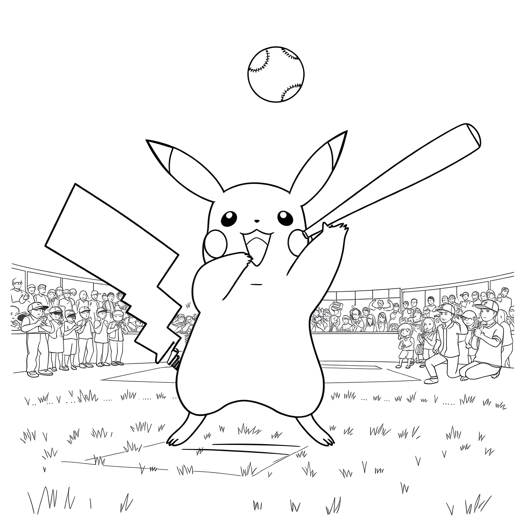 Pikachu playing baseball with fans in the stadium Coloring Page (free black-and-white line drawing printable PDF for all, from beginners to advanced learners, including children, teens, adults, and seniors)