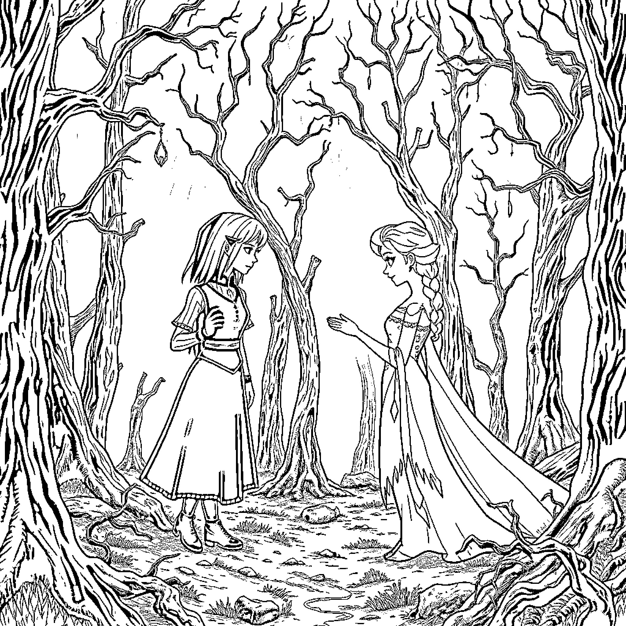 Wednesday Adams in an Eerie Woodland Encounter Coloring Page (free black-and-white line drawing printable PDF for all, from beginners to advanced learners, including children, teens, adults, and seniors)