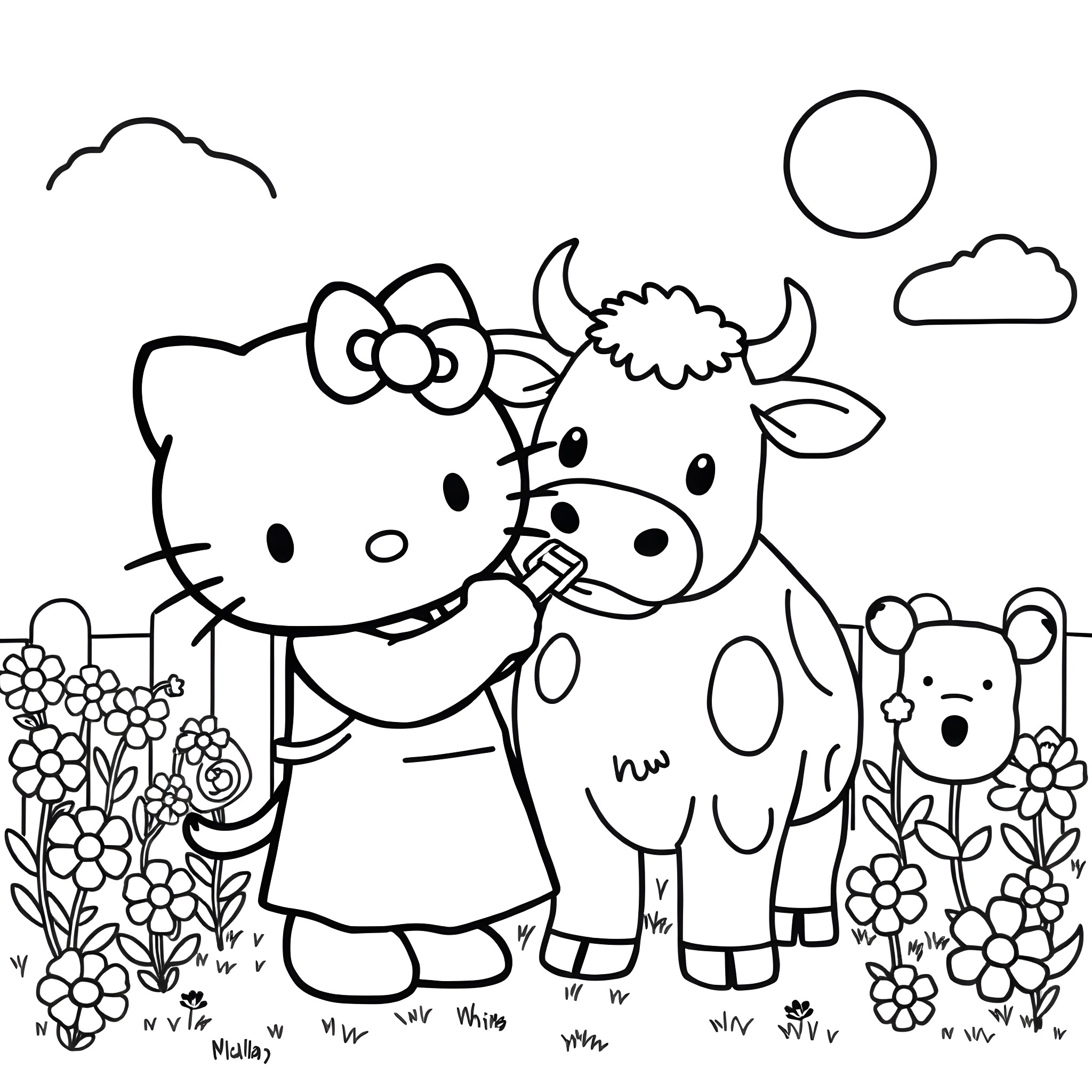 Hello Kitty playing with cow and mouse in garden Coloring Page (free black-and-white line drawing printable PDF for all, from beginners to advanced learners, including children, teens, adults, and seniors)