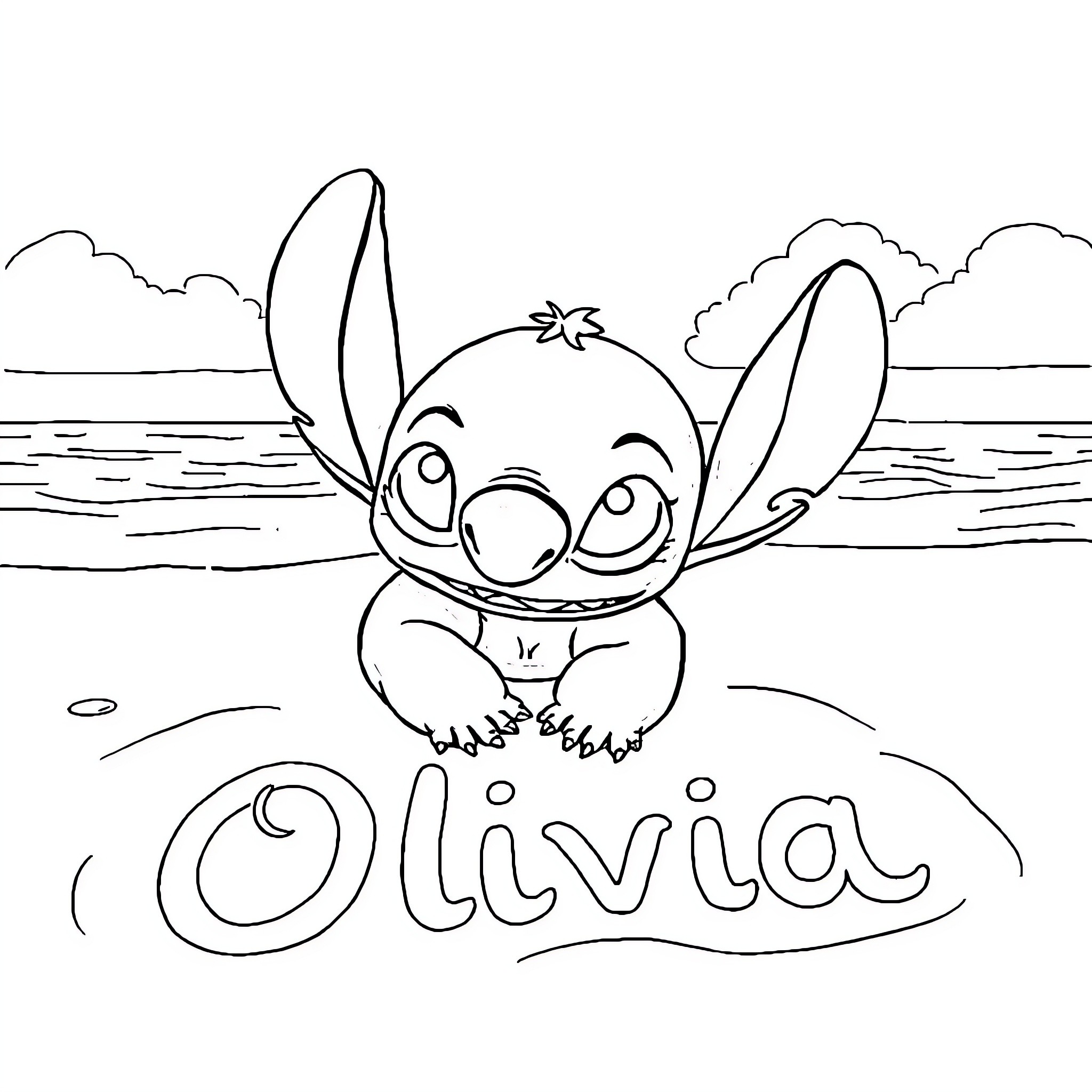 Stitch enjoying the beach with 'Olivia' written in the sand Coloring Page (free black-and-white line drawing printable PDF for all, from beginners to advanced learners, including children, teens, adults, and seniors)