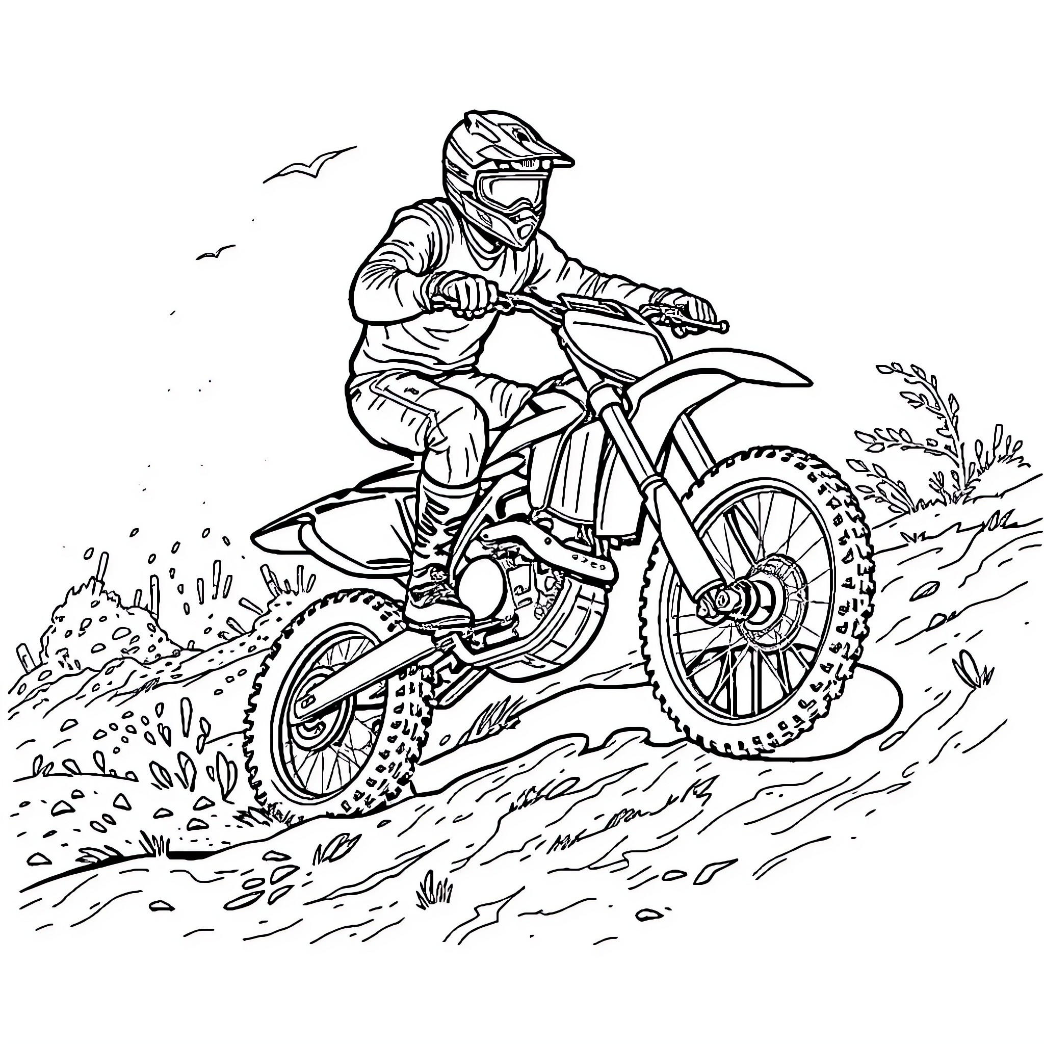 Dirt Bike Racer Riding Through Rugged Terrain Coloring Page (free black-and-white line drawing printable PDF for all, from beginners to advanced learners, including children, teens, adults, and seniors)