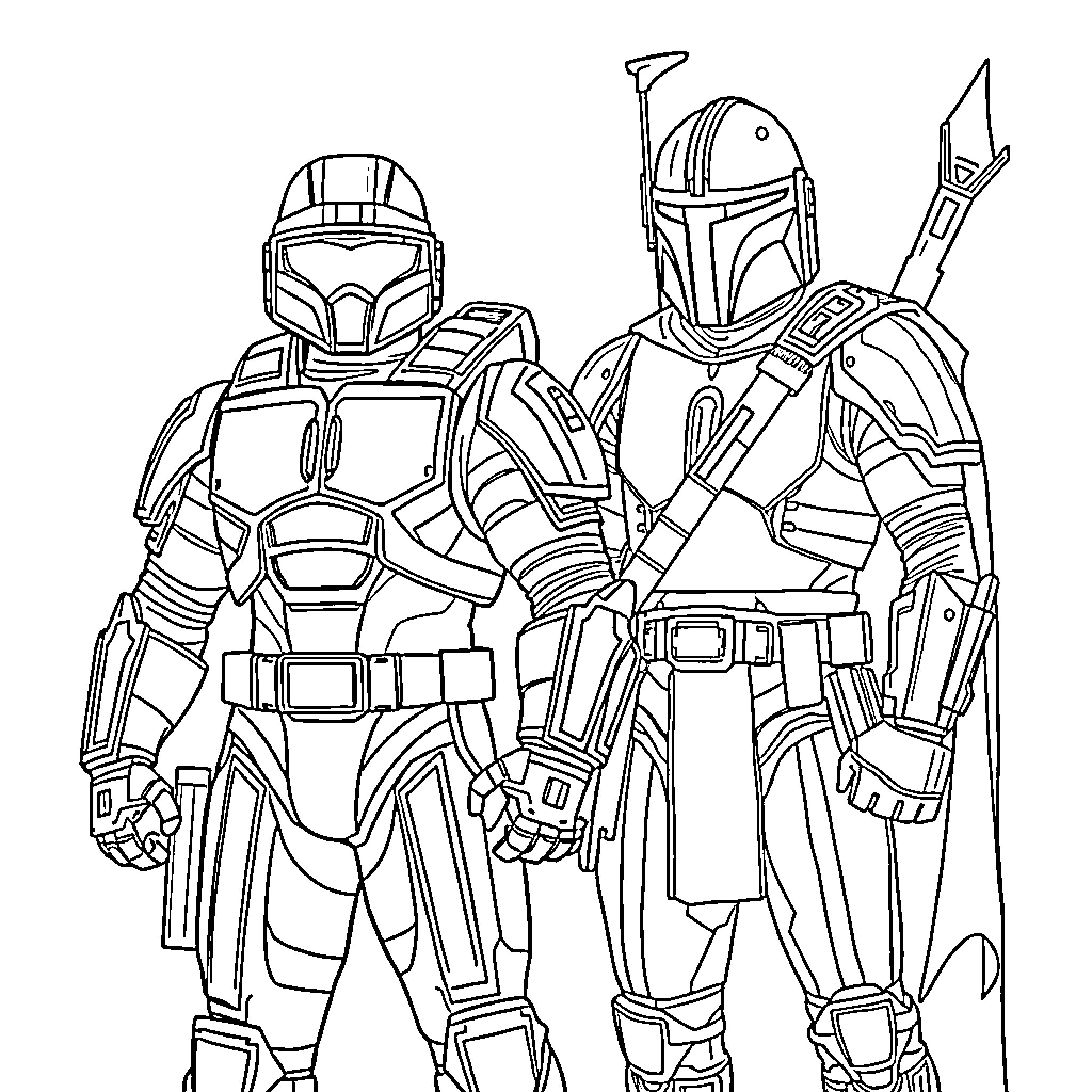 Master Chief and Mandalorian Warriors in Action Coloring Page (free black-and-white line drawing printable PDF for all, from beginners to advanced learners, including children, teens, adults, and seniors)