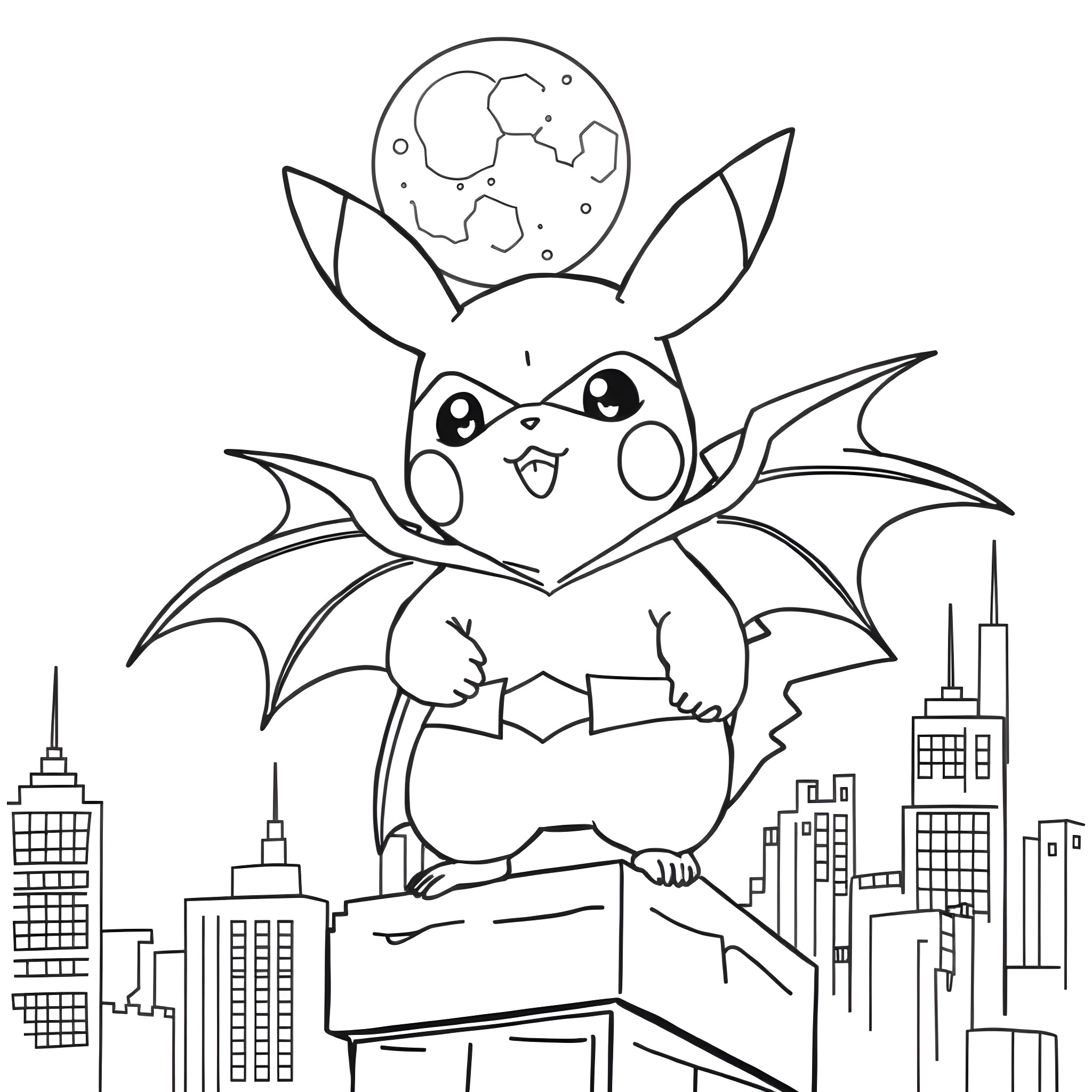 Pikachu as a Bat Perching on a Skyscraper at Night Coloring Page (free black-and-white line drawing printable PDF for all, from beginners to advanced learners, including children, teens, adults, and seniors)