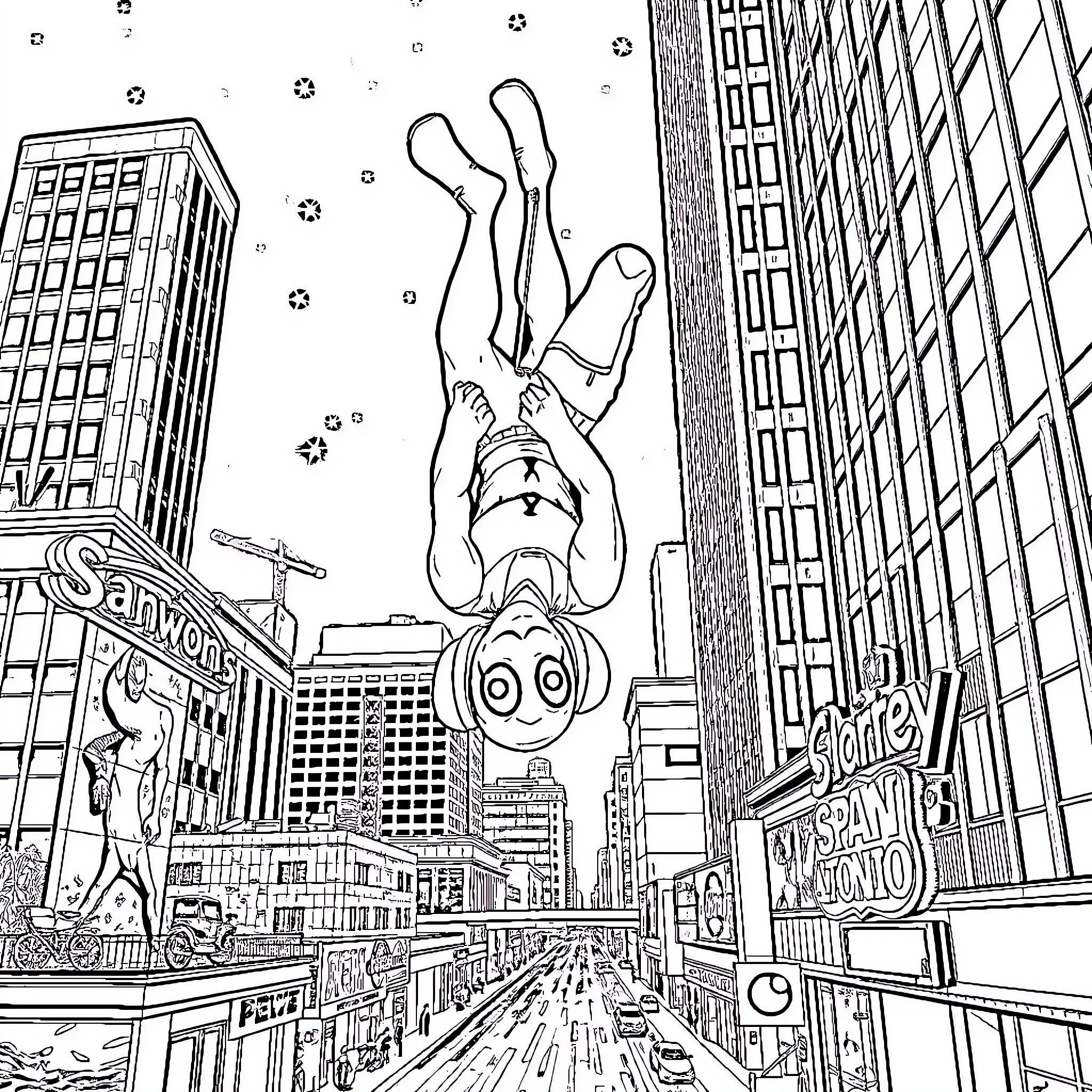 Spawn navigating bustling city skyline Coloring Page (free black-and-white line drawing printable PDF for all, from beginners to advanced learners, including children, teens, adults, and seniors)