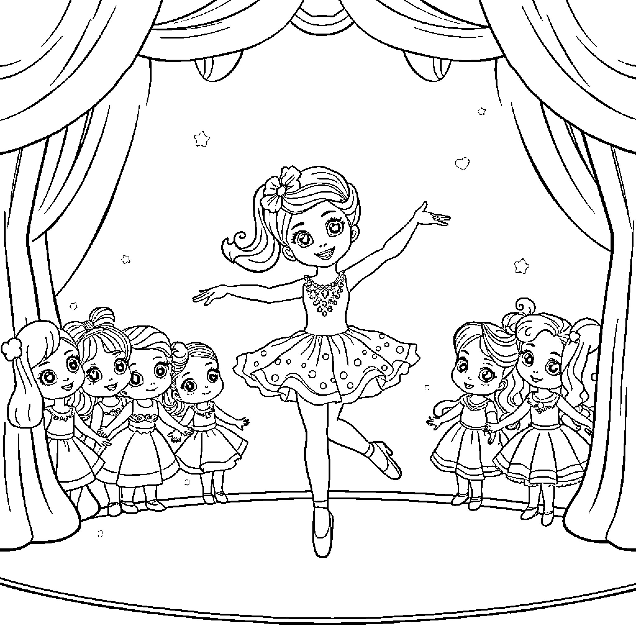 Gabby's Ballerina Dance Recital Coloring Page (free black-and-white line drawing printable PDF for all, from beginners to advanced learners, including children, teens, adults, and seniors)