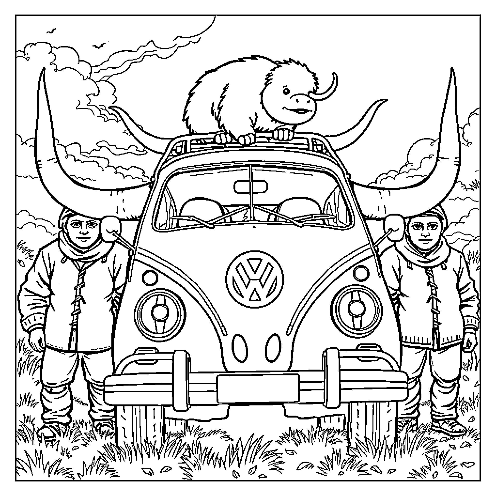 Volkswagen camper van adventure with woolly creature Coloring Page (free black-and-white line drawing printable PDF for all, from beginners to advanced learners, including children, teens, adults, and seniors)