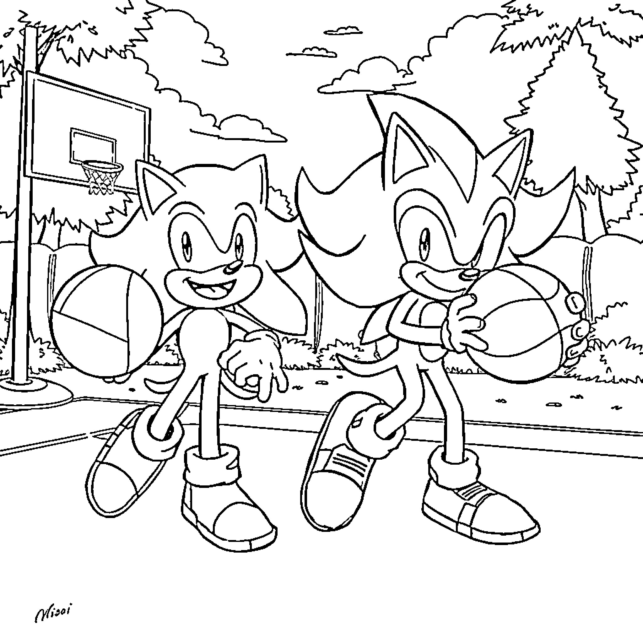 Hedgehog friends playing basketball in the park Coloring Page (free black-and-white line drawing printable PDF for all, from beginners to advanced learners, including children, teens, adults, and seniors)