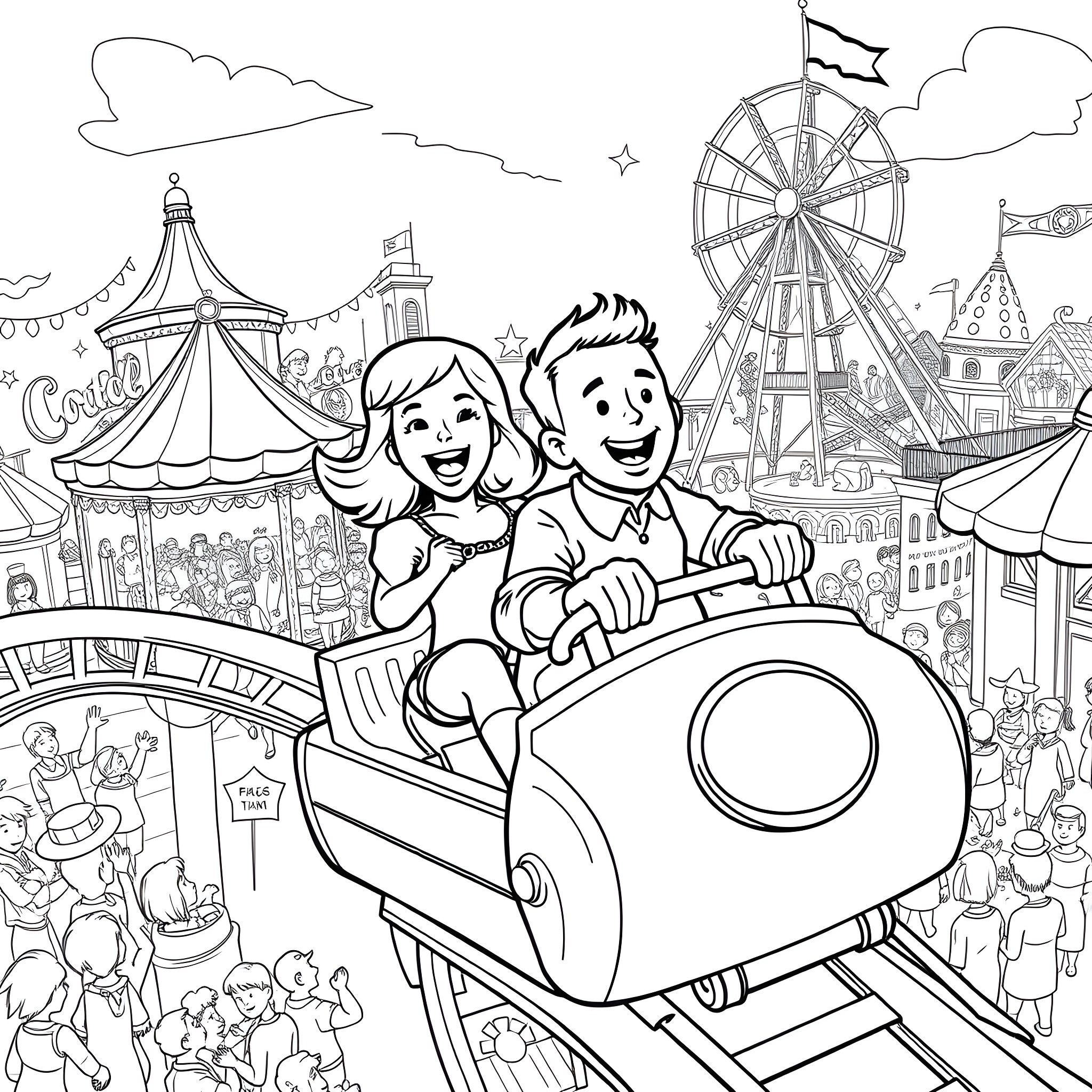 Topsy and Tim enjoy a fun day at the carnival Coloring Page (free black-and-white line drawing printable PDF for all, from beginners to advanced learners, including children, teens, adults, and seniors)