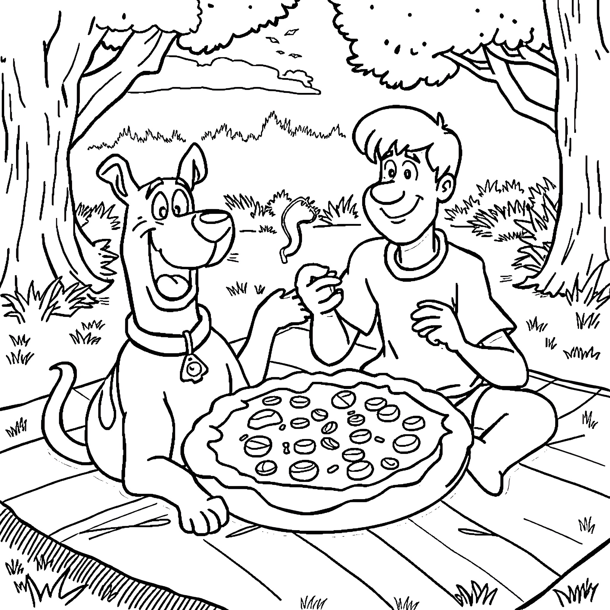 Scooby Doo and friends enjoying a picnic in the forest Coloring Page (free black-and-white line drawing printable PDF for all, from beginners to advanced learners, including children, teens, adults, and seniors)