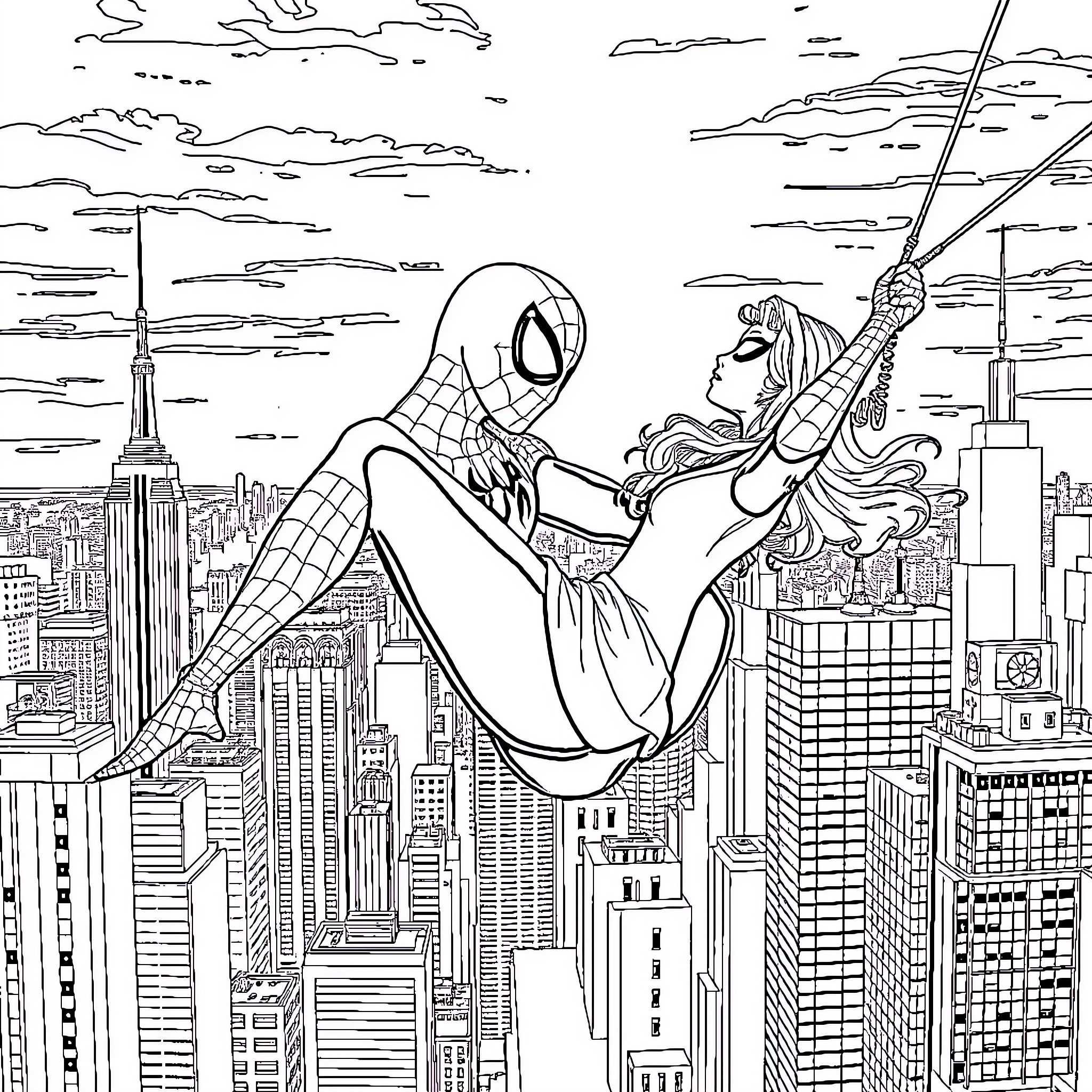 Spiderman saving a person in the city Coloring Page (free black-and-white line drawing printable PDF for all, from beginners to advanced learners, including children, teens, adults, and seniors)